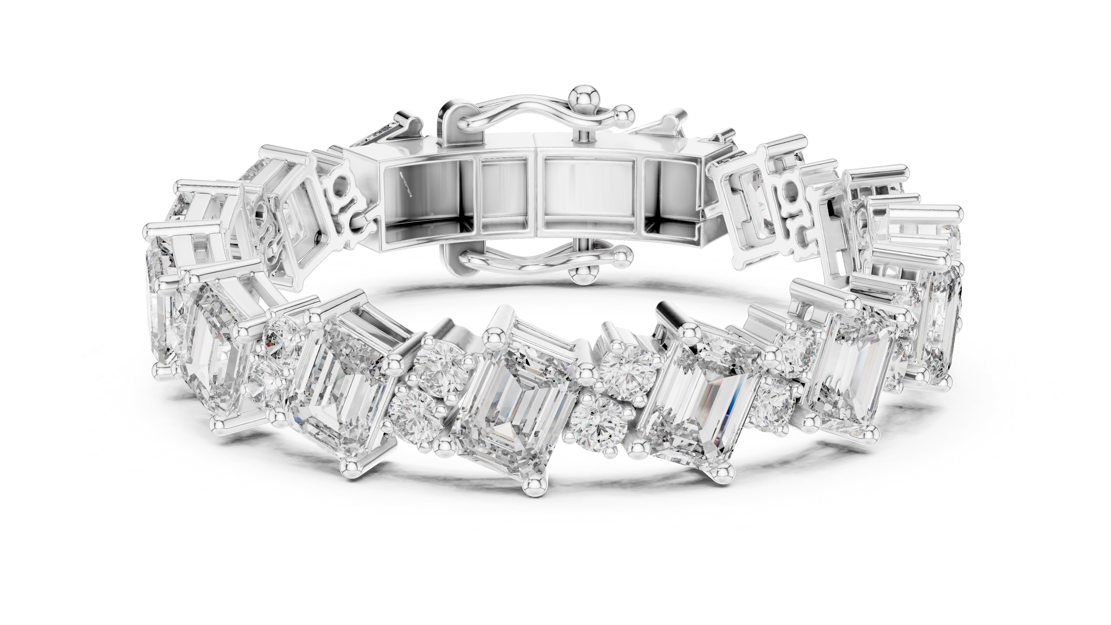 Emerald & Round Alternating Lab-Grown Tennis Bracelet White Gold