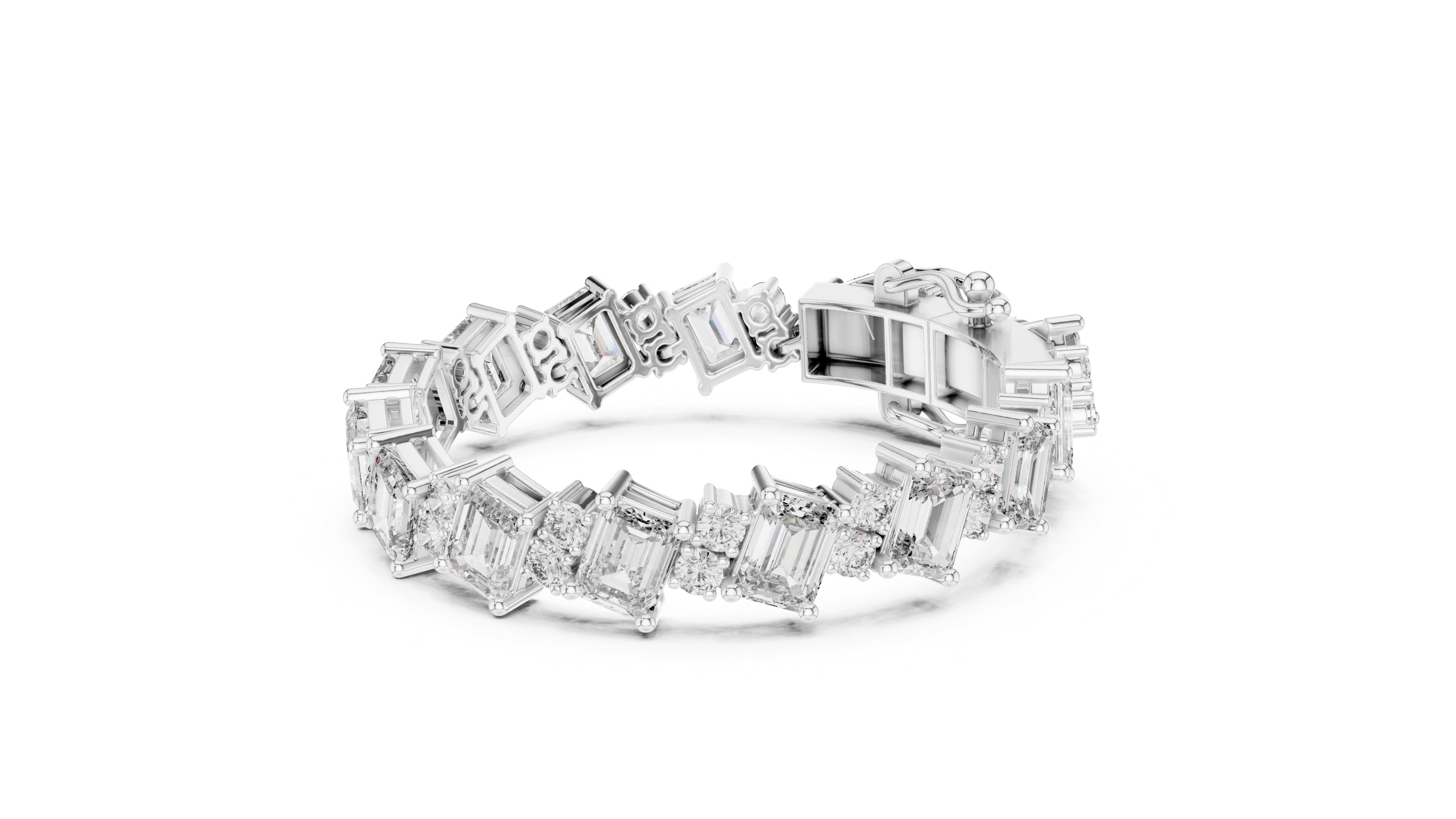 Emerald & Round Alternating Lab-Grown Tennis Bracelet White Gold
