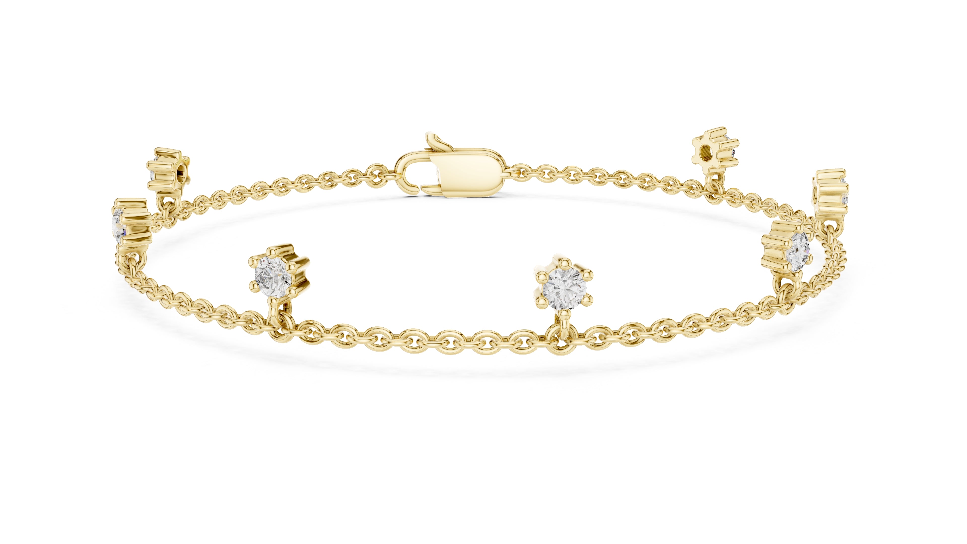 Dangling Solitaire Lab-Grown Tennis Chain Bracelet Yellow Gold