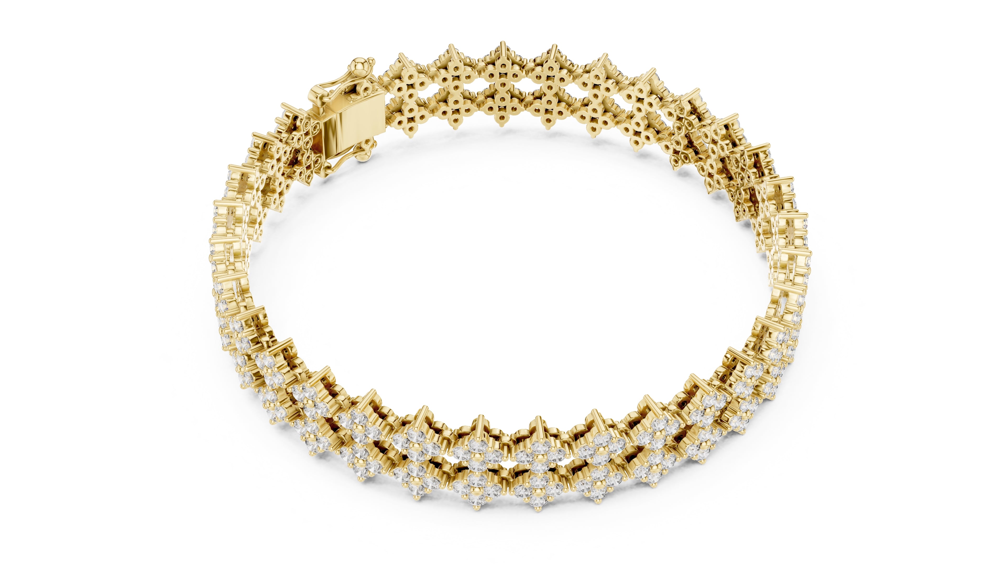 Floral Cluster Diamond Link Lab-Grown Tennis Bracelet Yellow Gold