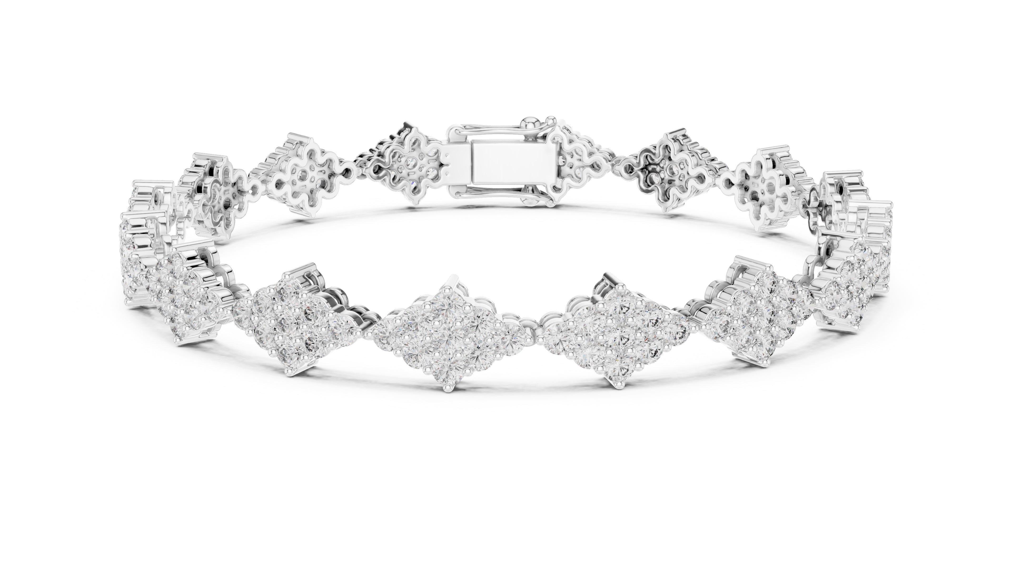 Geometric Diamond Cluster Lab-Grown Tennis Bracelet White Gold