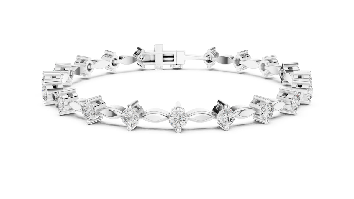 Marquise Metal Link & Round Lab-Grown Tennis Bracelet White Gold