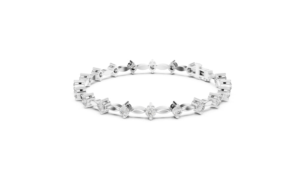 Marquise Metal Link & Round Lab-Grown Tennis Bracelet White Gold