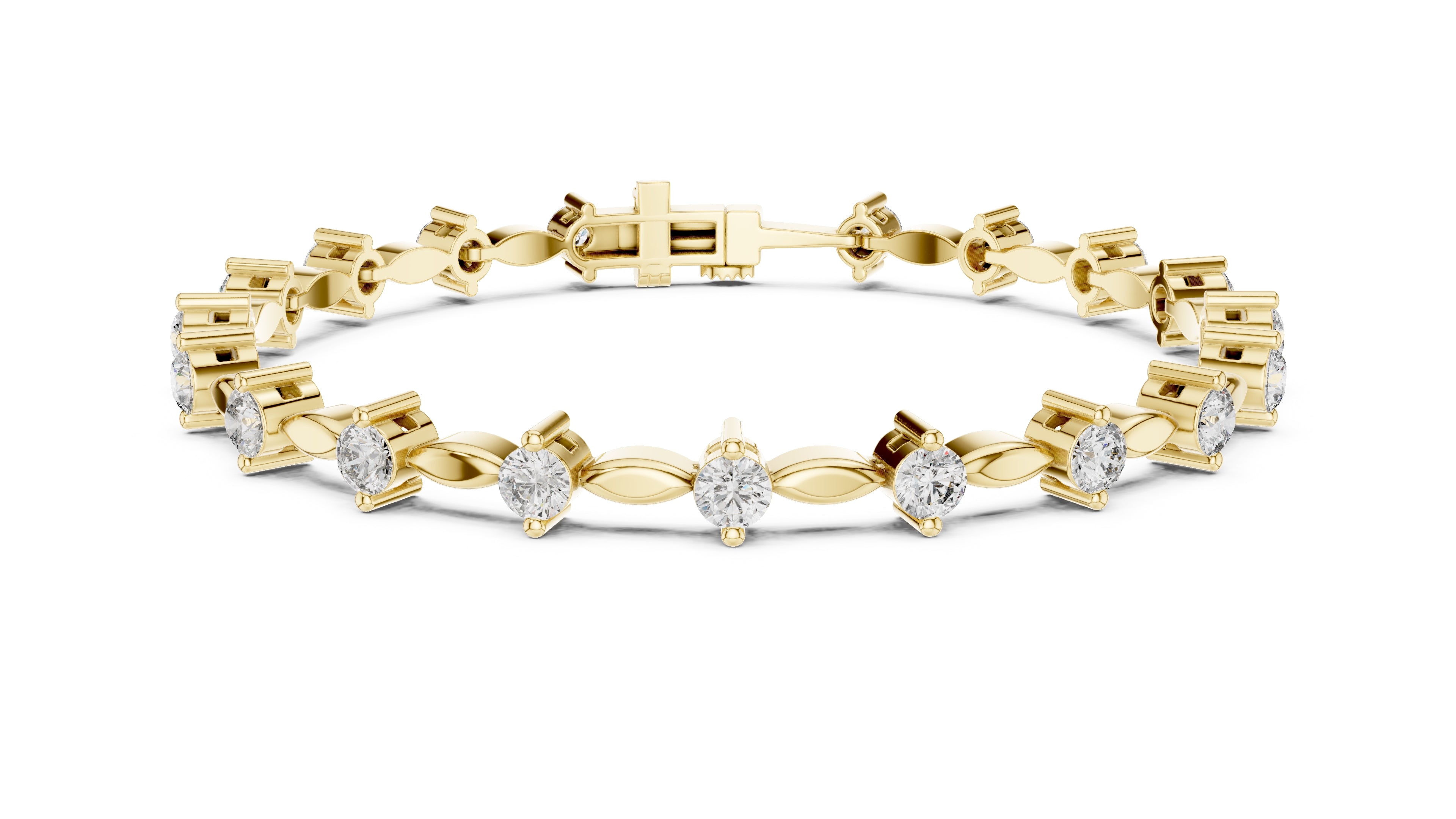 Marquise Metal Link & Round Lab-Grown Tennis Bracelet Yellow Gold
