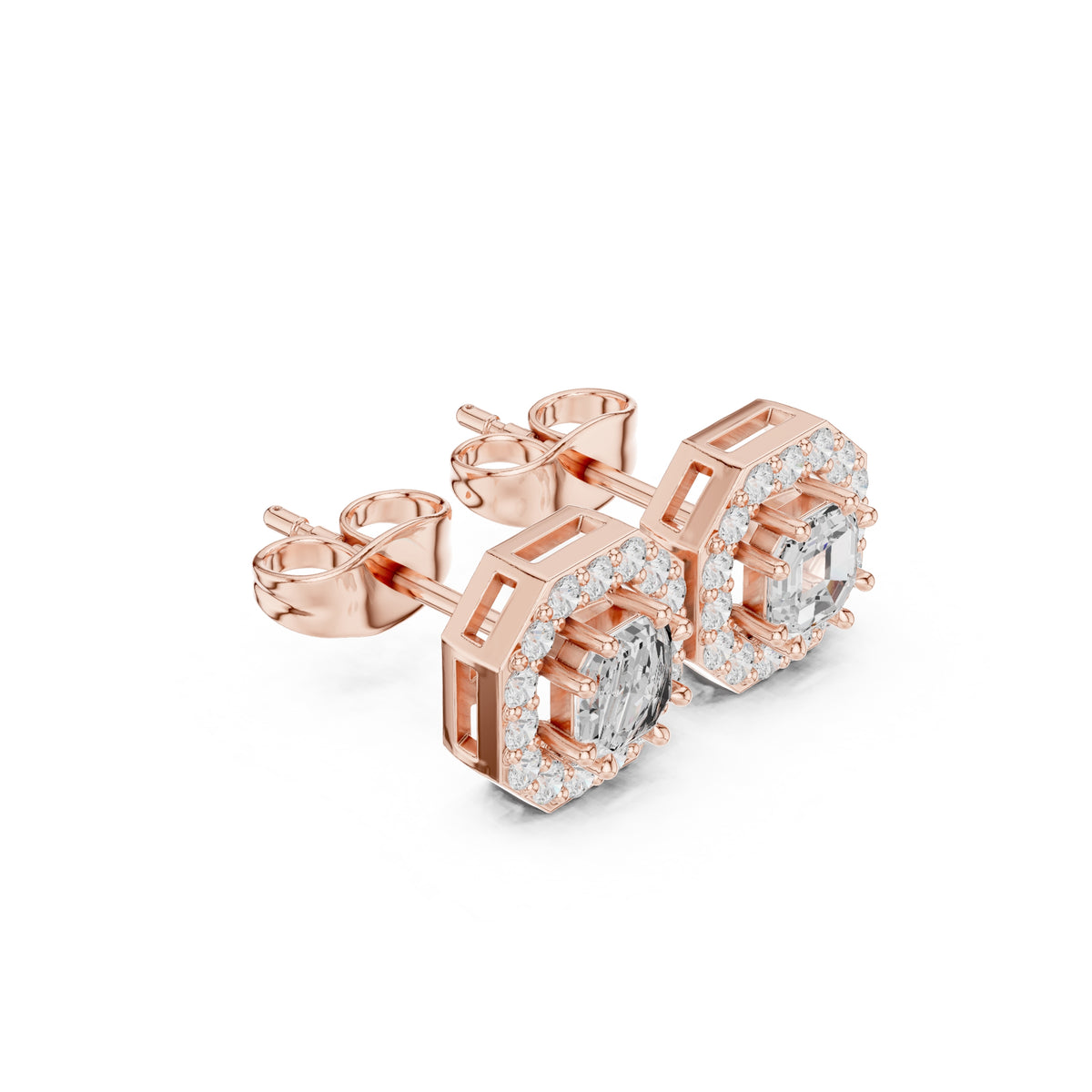 The Deco Octagon Lan Grown Diamond Studs Rose Gold
