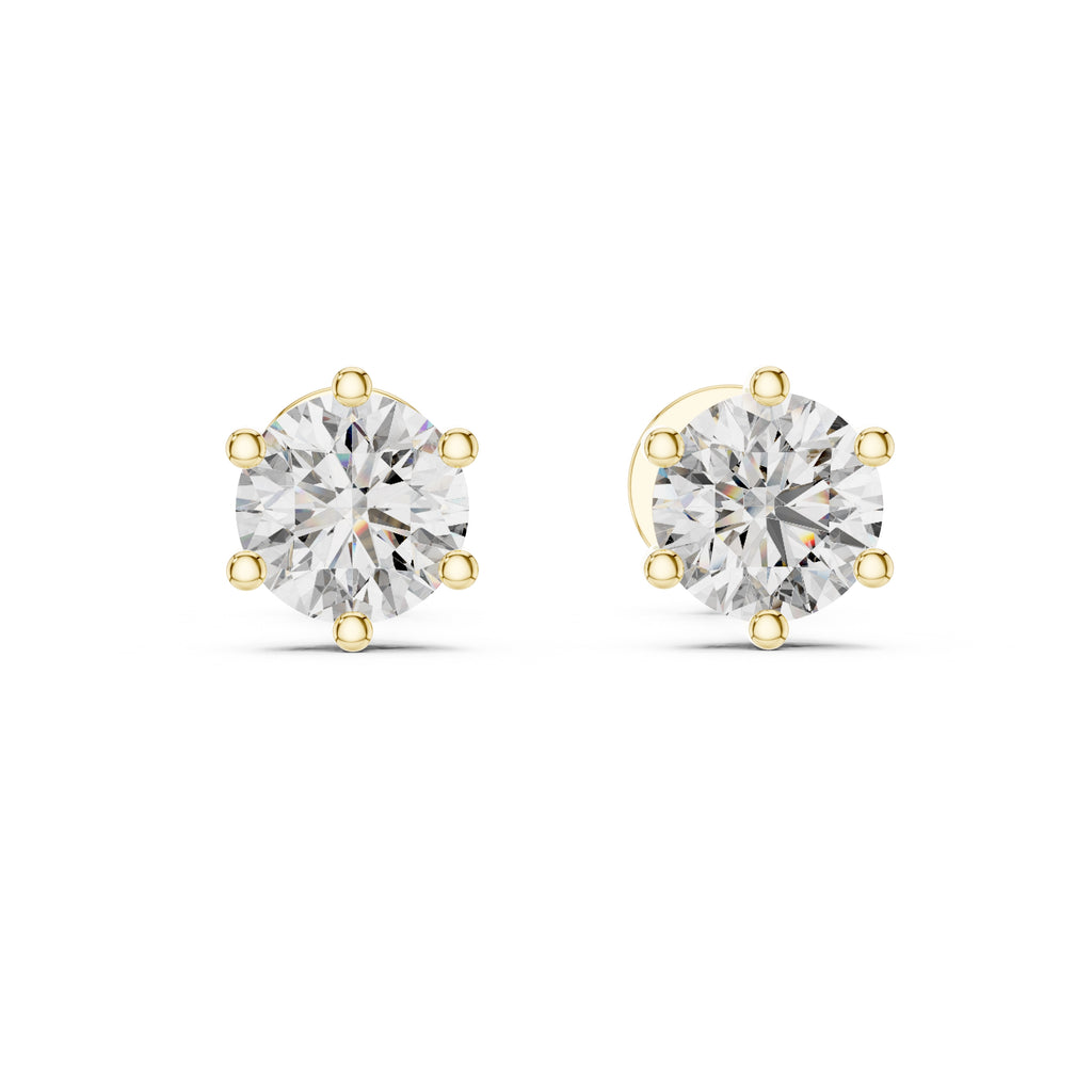The Six-Prong Round Lan Grown Diamond Solitaire Studs Yellow Gold