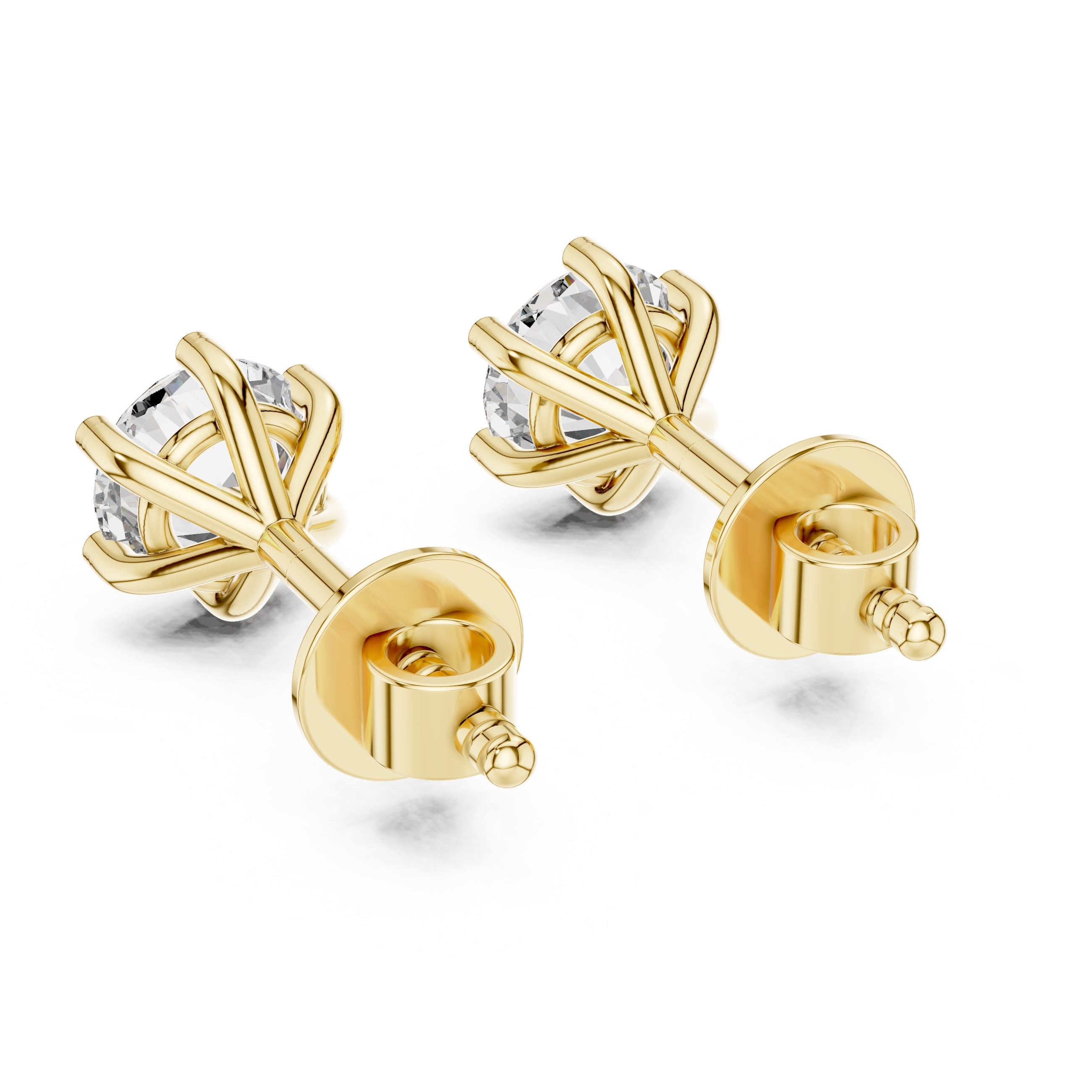 The Six-Prong Round Lan Grown Diamond Solitaire Studs Yellow Gold