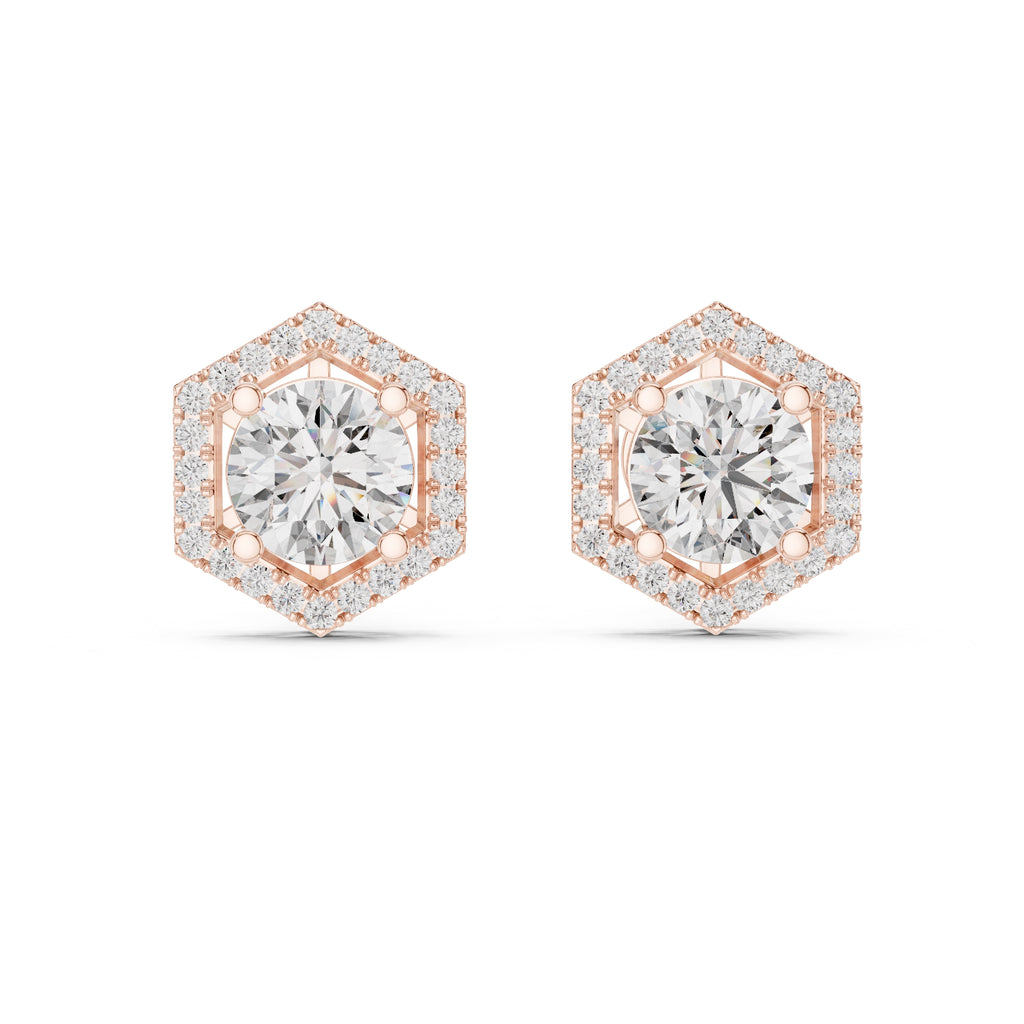 The Hexagon Halo Lan Grown Diamond Studs Rose Gold