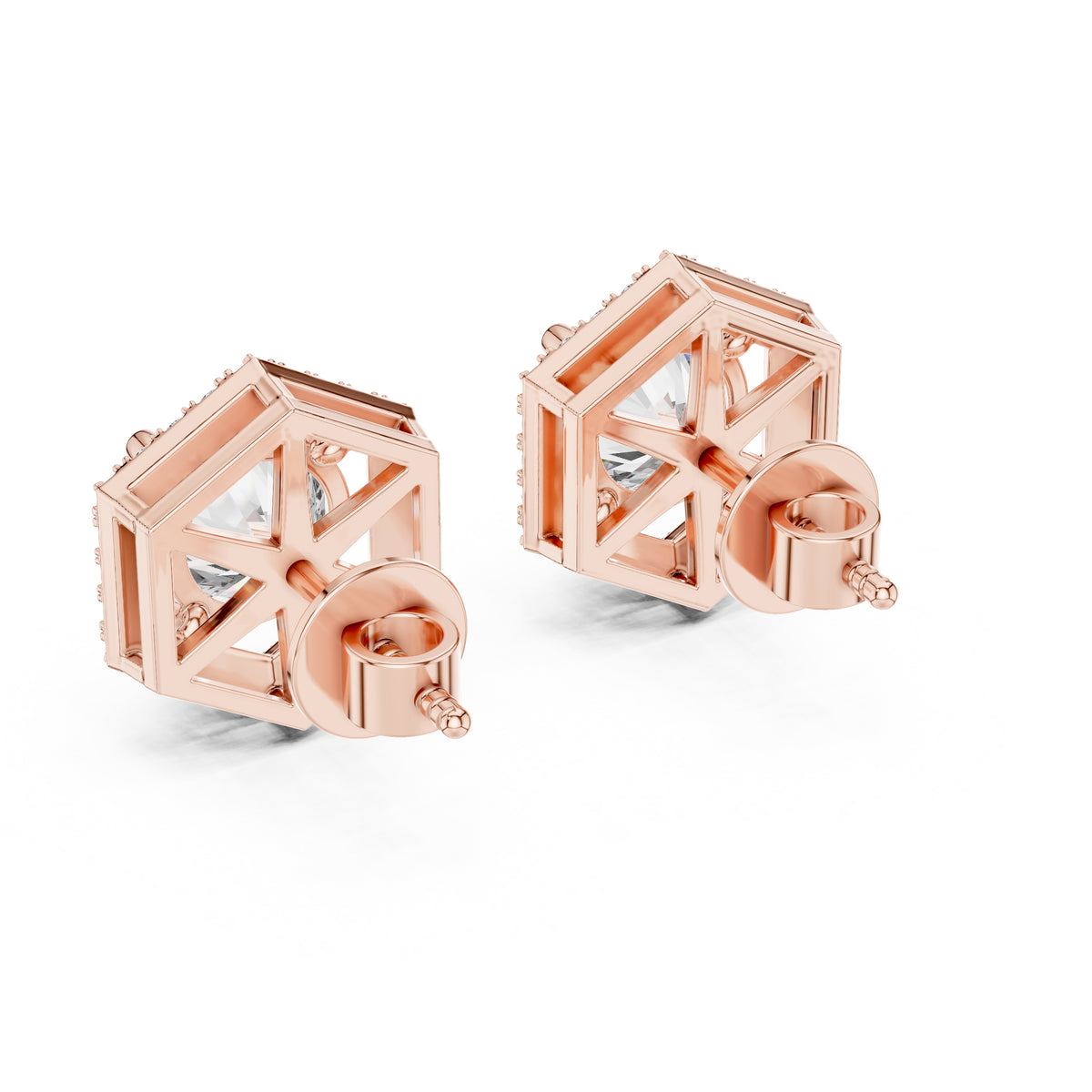The Hexagon Halo Lan Grown Diamond Studs Rose Gold