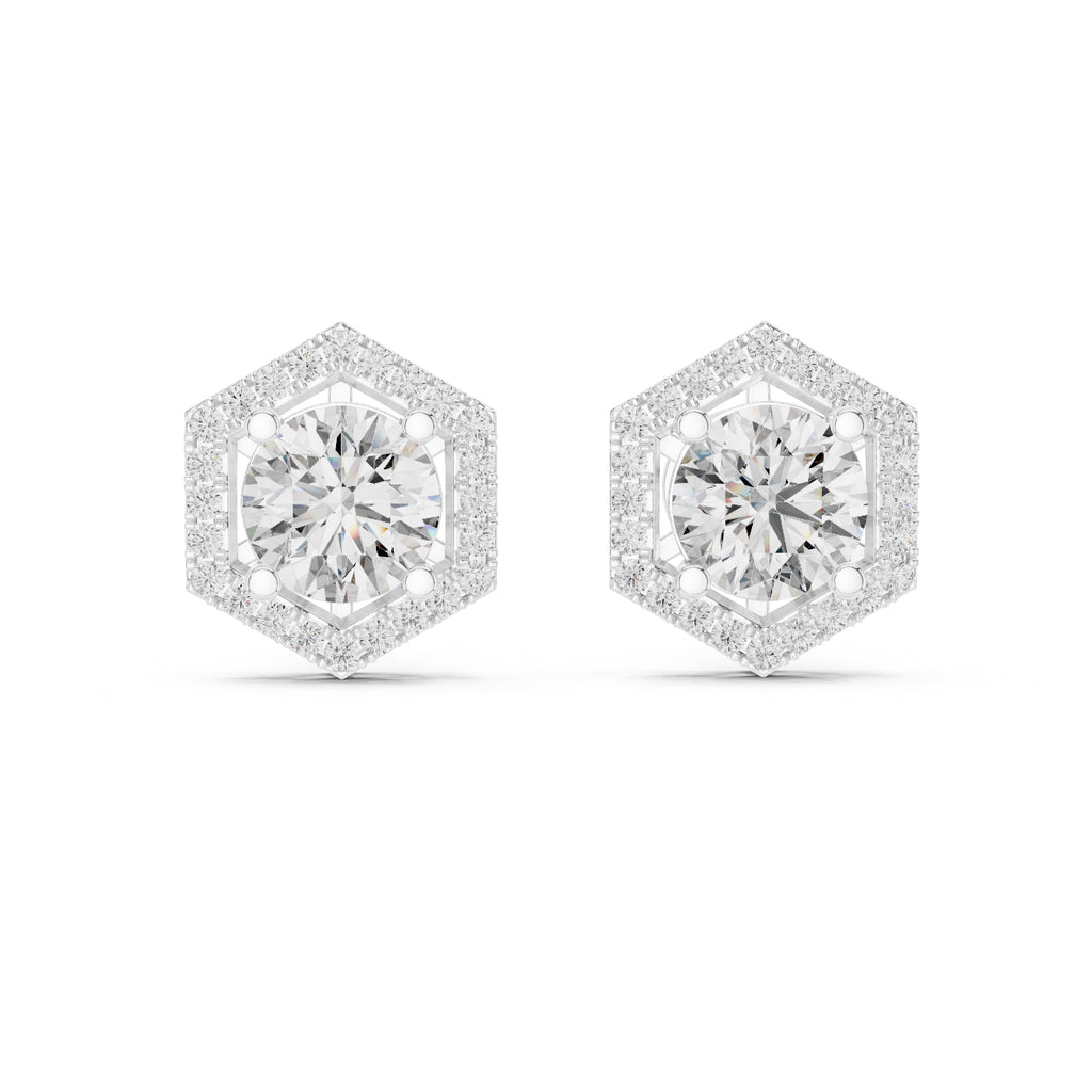The Hexagon Halo Lan Grown Diamond Studs White Gold