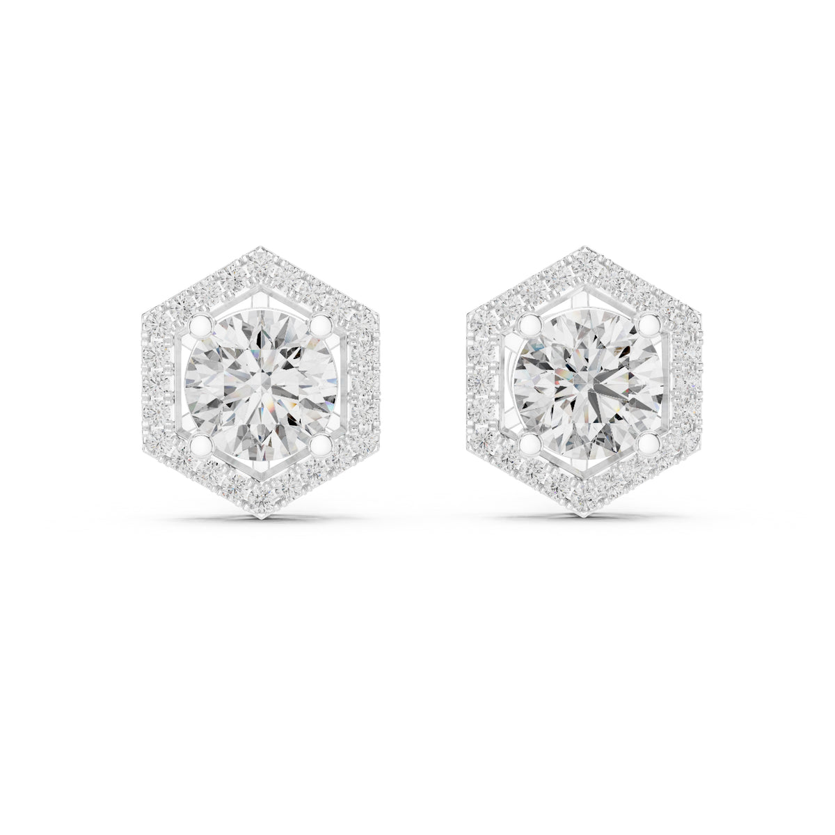 The Hexagon Halo Lan Grown Diamond Studs White Gold