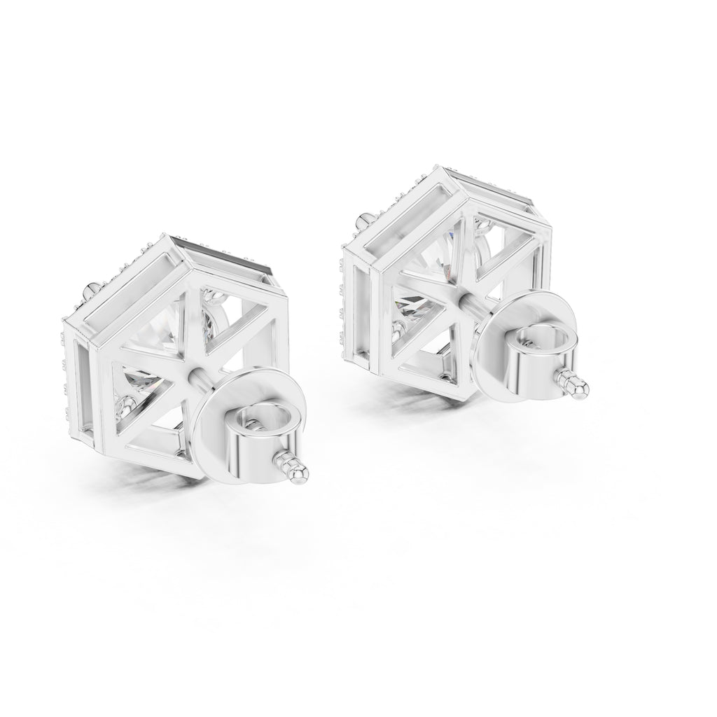 The Hexagon Halo Lan Grown Diamond Studs White Gold