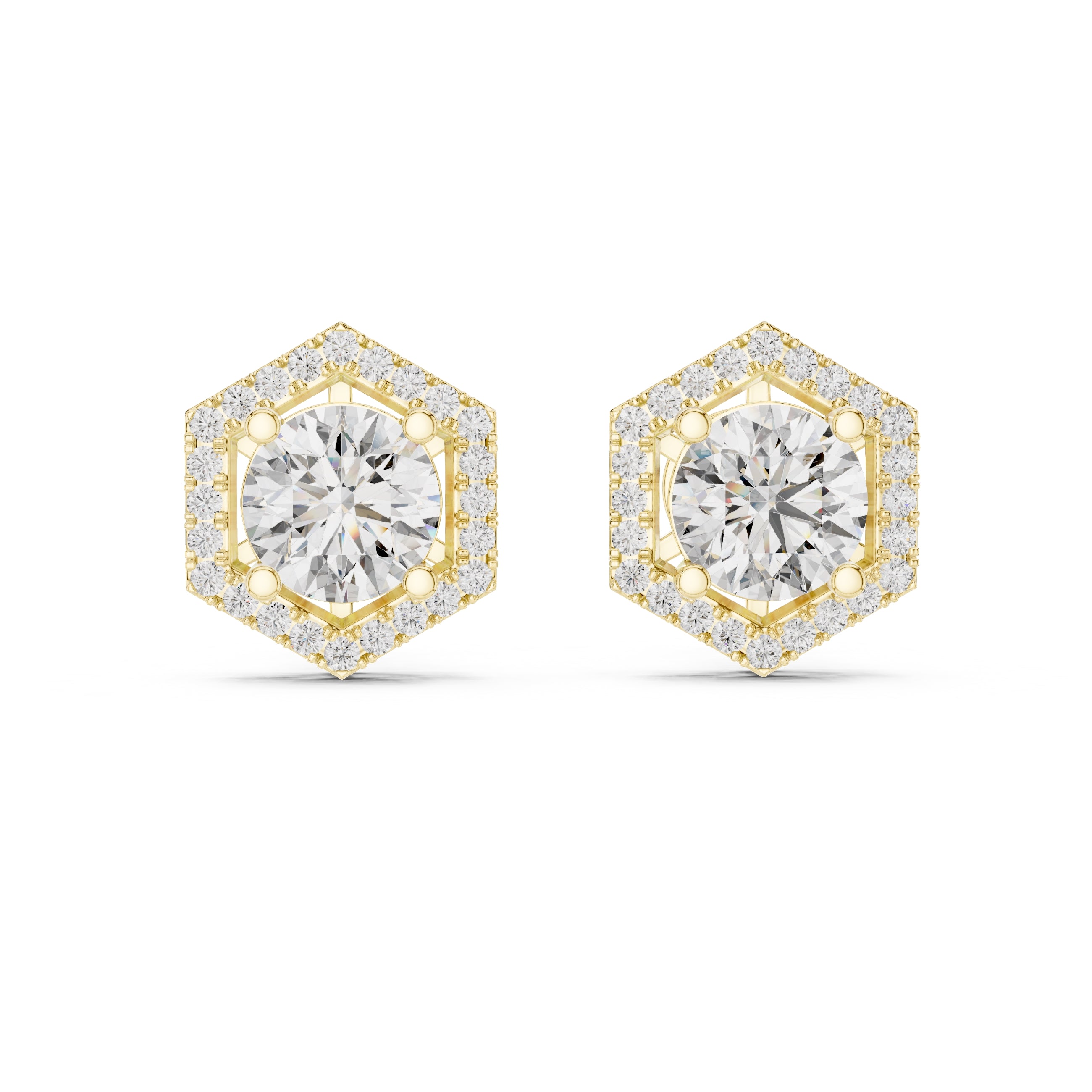 The Hexagon Halo Lan Grown Diamond Studs Yellow Gold