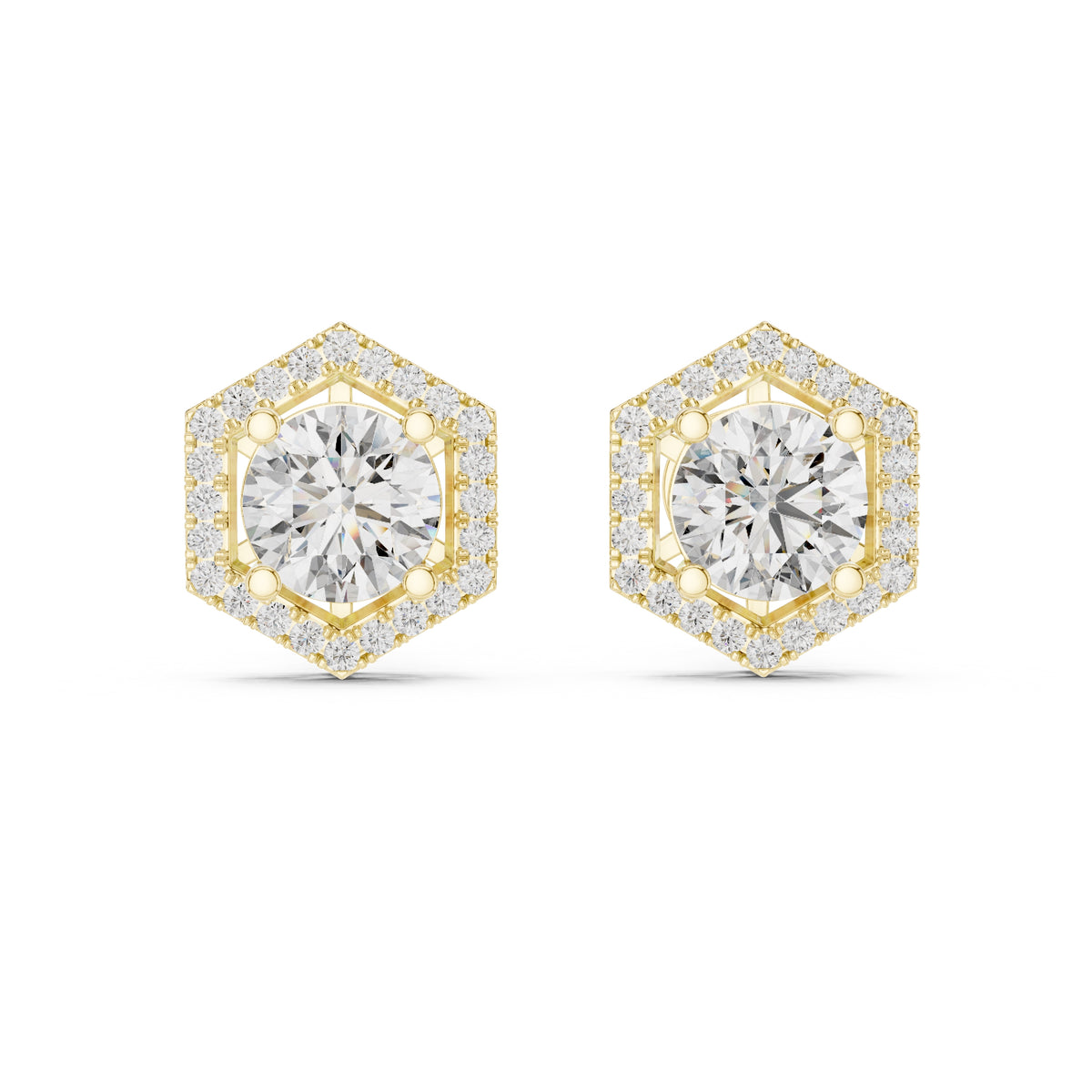 The Hexagon Halo Lab Grown Diamond Studs Yellow Gold