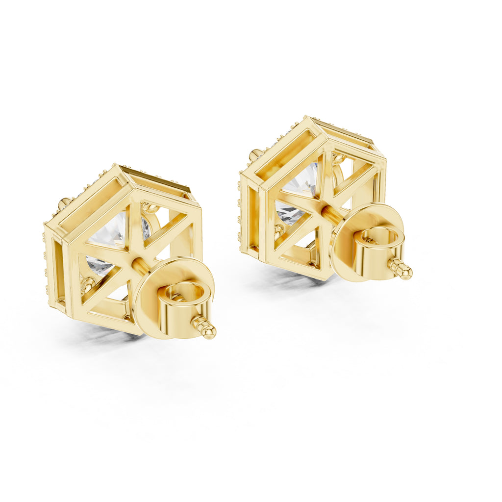 The Hexagon Halo Lan Grown Diamond Studs Yellow Gold
