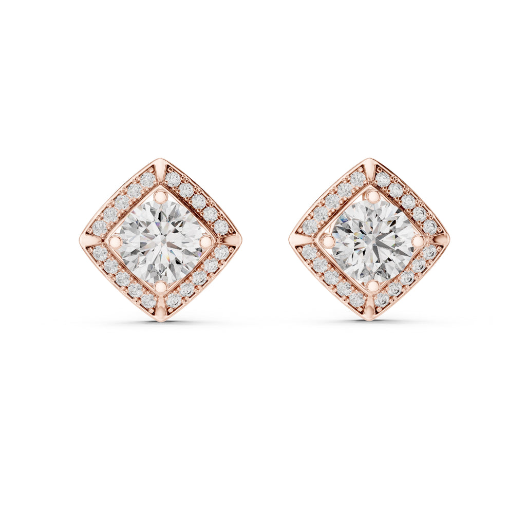 The Lozenge Halo Lan Grown Diamond Studs Rose Gold