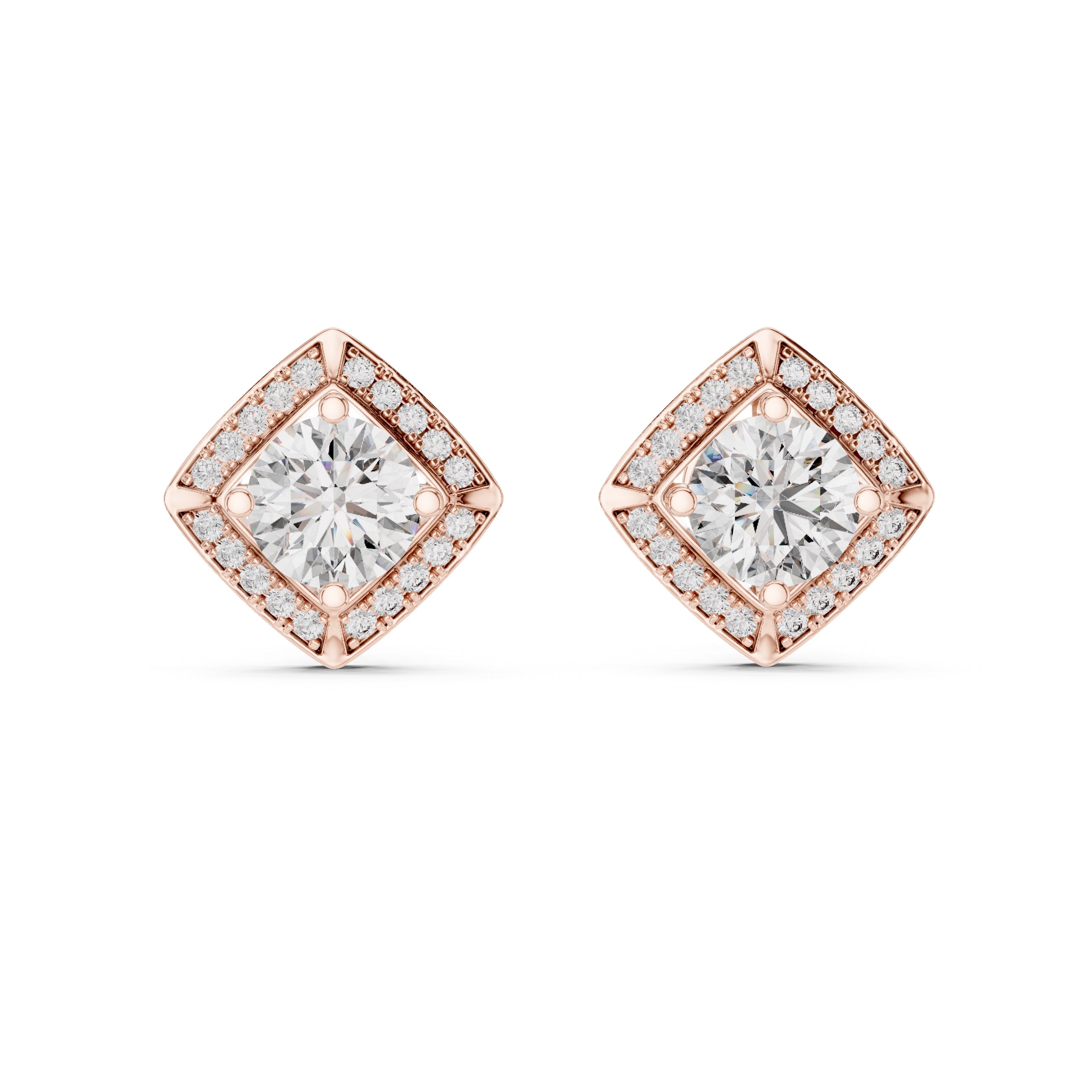 The Lozenge Halo Lan Grown Diamond Studs Rose Gold