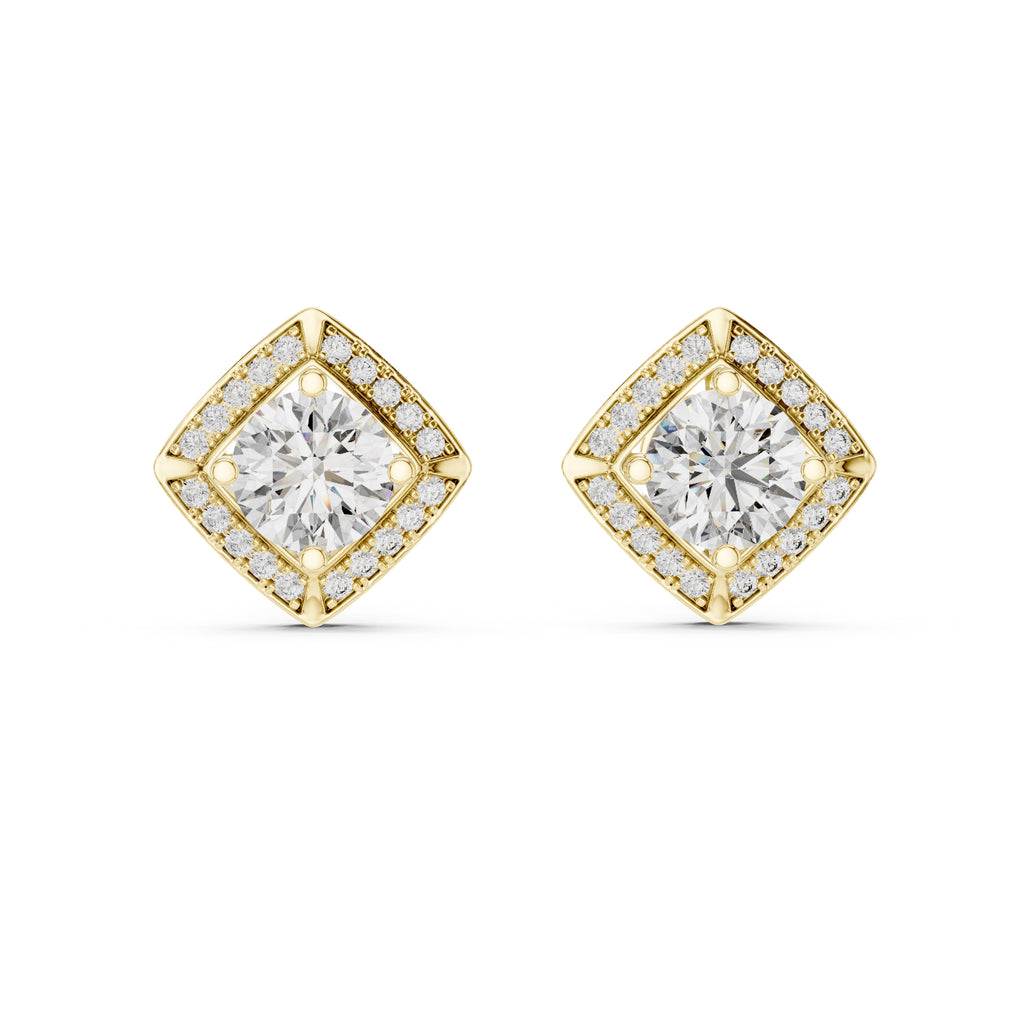 The Lozenge Halo Lan Grown Diamond Studs Yellow Gold
