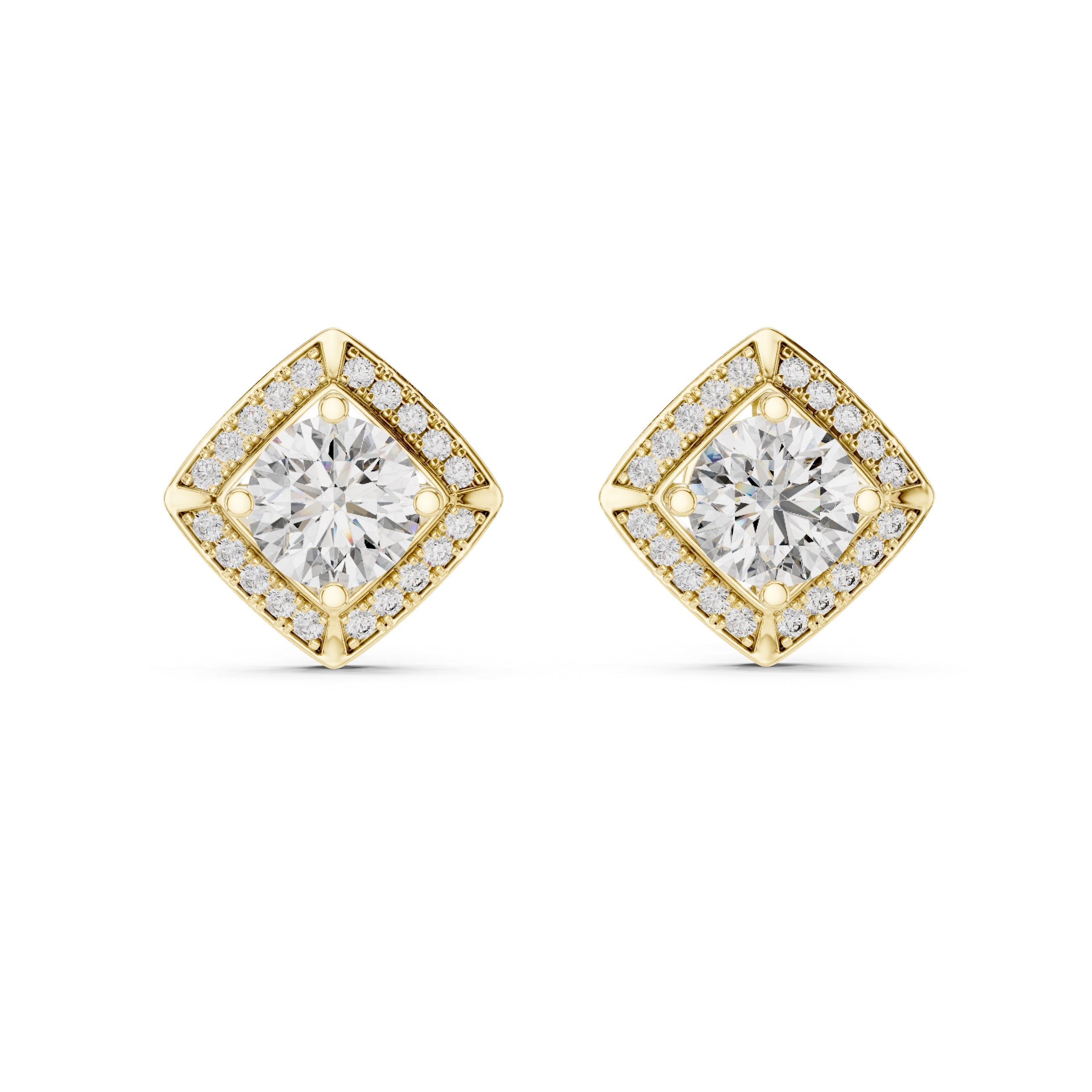 The Lozenge Halo Lan Grown Diamond Studs Yellow Gold