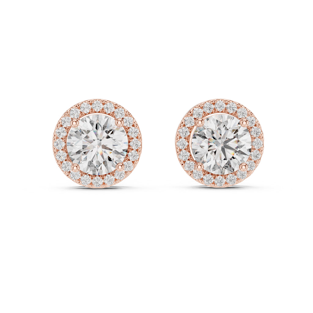 The Celestial Round Halo Lan Grown Diamond Studs Rose Gold