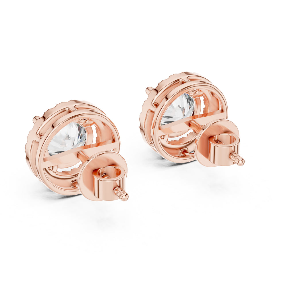 The Celestial Round Halo Lan Grown Diamond Studs Rose Gold
