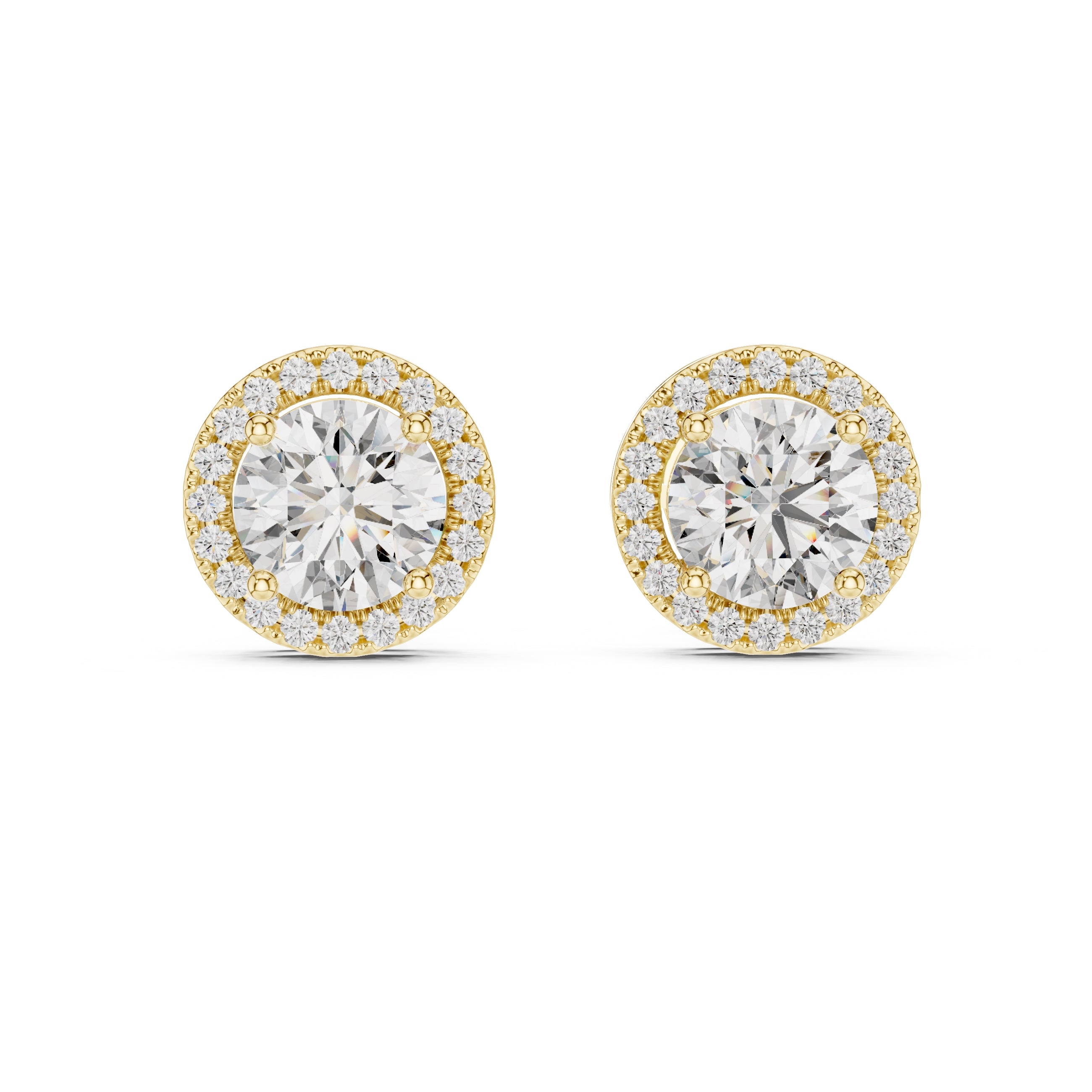 The Celestial Round Halo Lan Grown Diamond Studs Yellow Gold