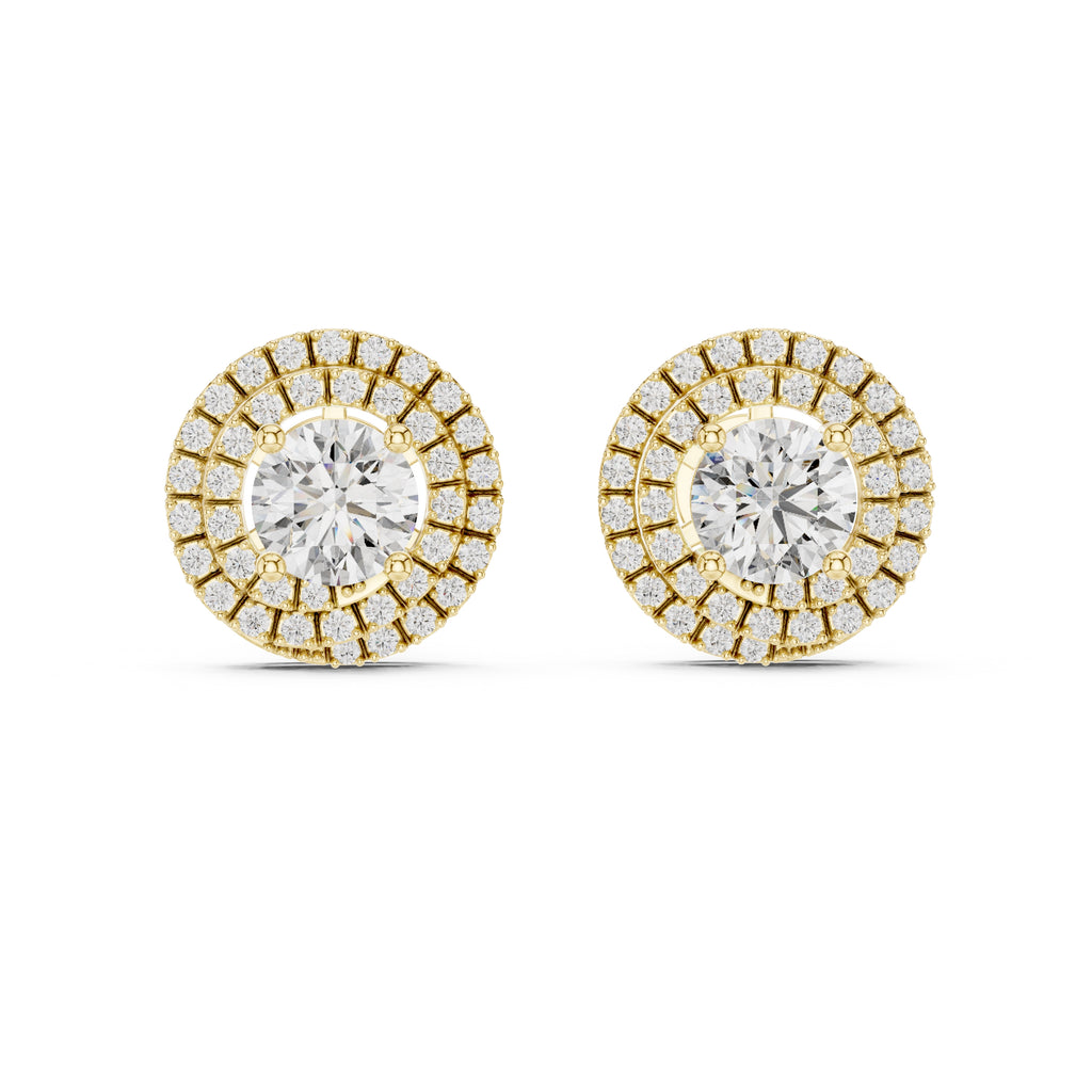 The Celestial Double Halo Lan Grown Diamond Studs Yellow Gold