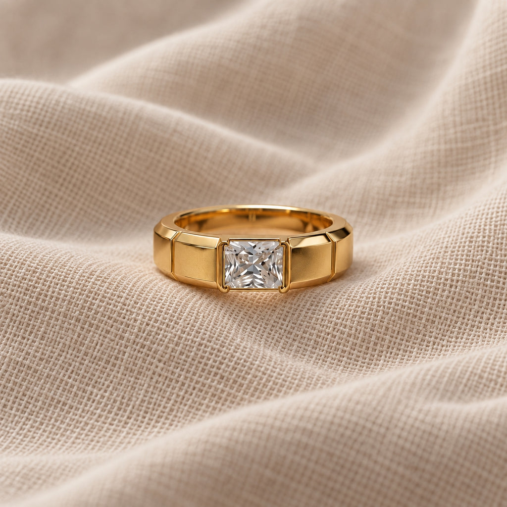 1.5 ct Radiant Inset Solitaire Men's Ring, IGI Certified Lab Grown Diamond, Matte Finish 1.5ct Yellow Gold