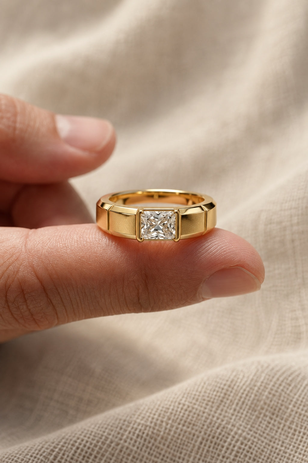 1.5 ct Radiant Inset Solitaire Men's Ring, IGI Certified Lab Grown Diamond, Matte Finish 1.5ct Yellow Gold
