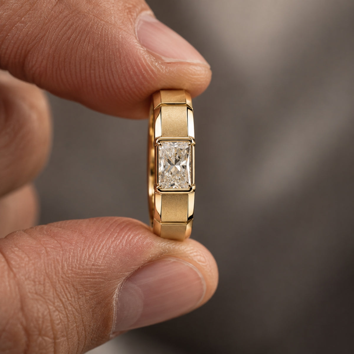 1.5 ct Radiant Inset Solitaire Men's Ring, IGI Certified Lab Grown Diamond, Matte Finish 1.5ct Yellow Gold
