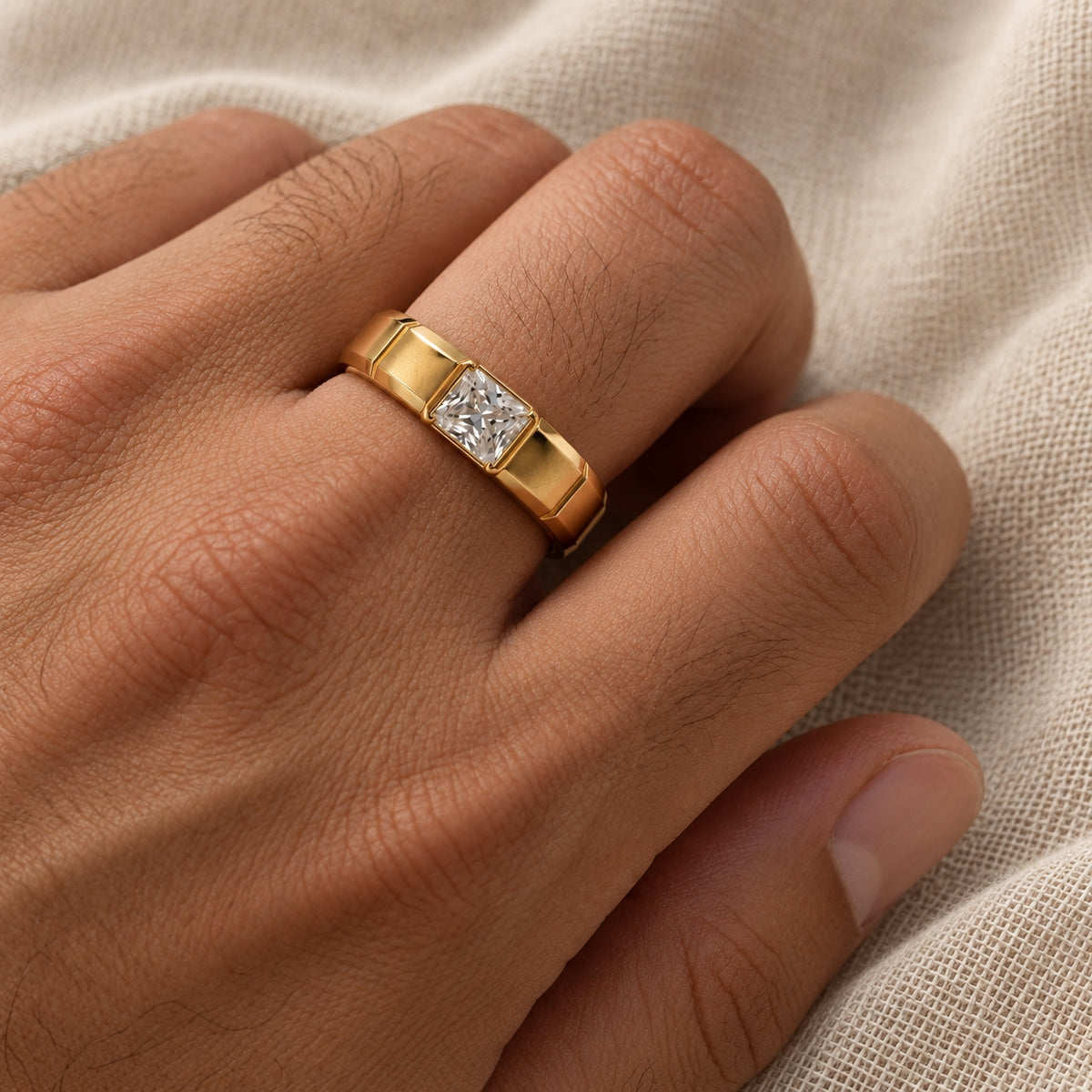 1.5 ct Radiant Inset Solitaire Men's Ring, IGI Certified Lab Grown Diamond, Matte Finish 1.5ct Yellow Gold
