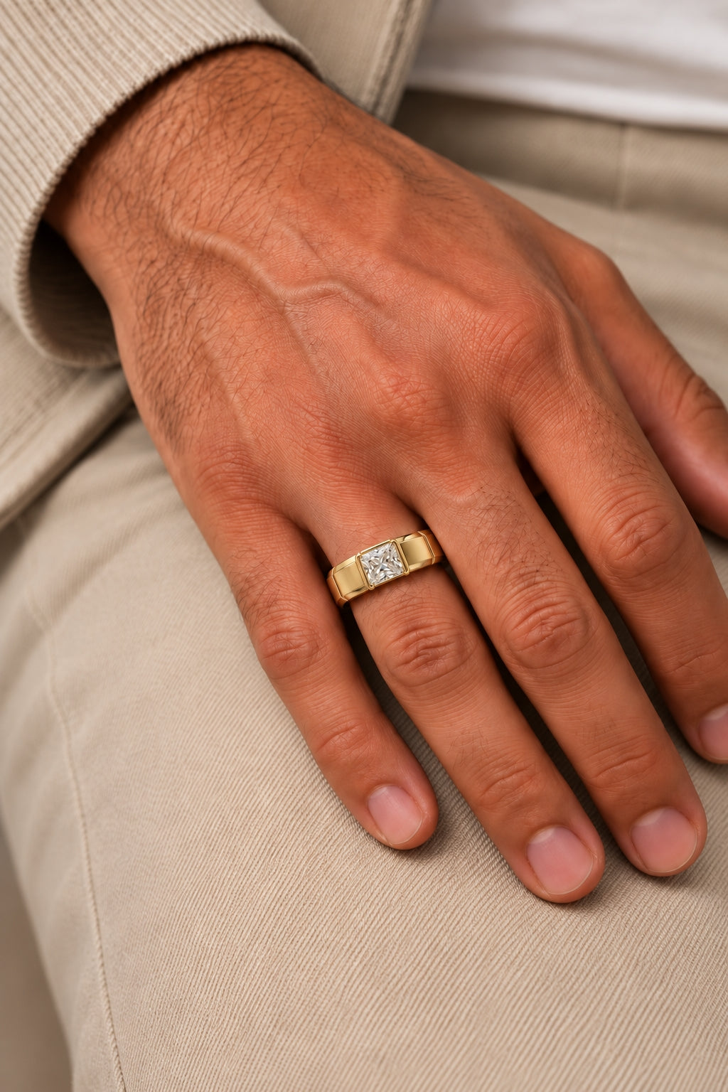 1.5 ct Radiant Inset Solitaire Men's Ring, IGI Certified Lab Grown Diamond, Matte Finish 1.5ct Yellow Gold