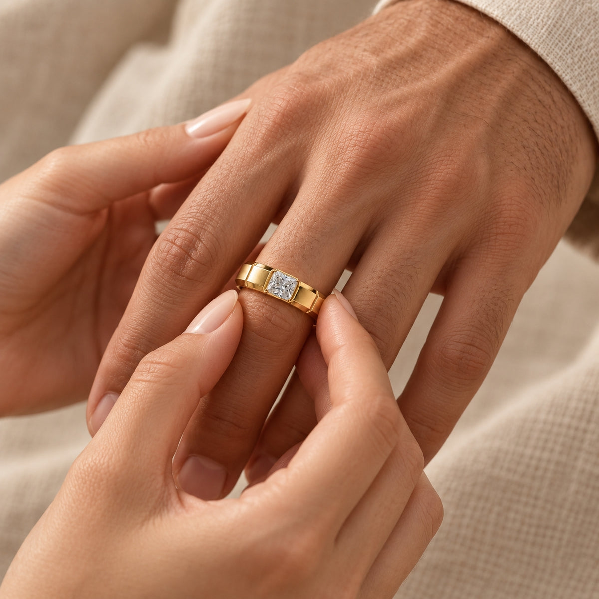1.5 ct Radiant Inset Solitaire Men's Ring, IGI Certified Lab Grown Diamond, Matte Finish 1.5ct Yellow Gold