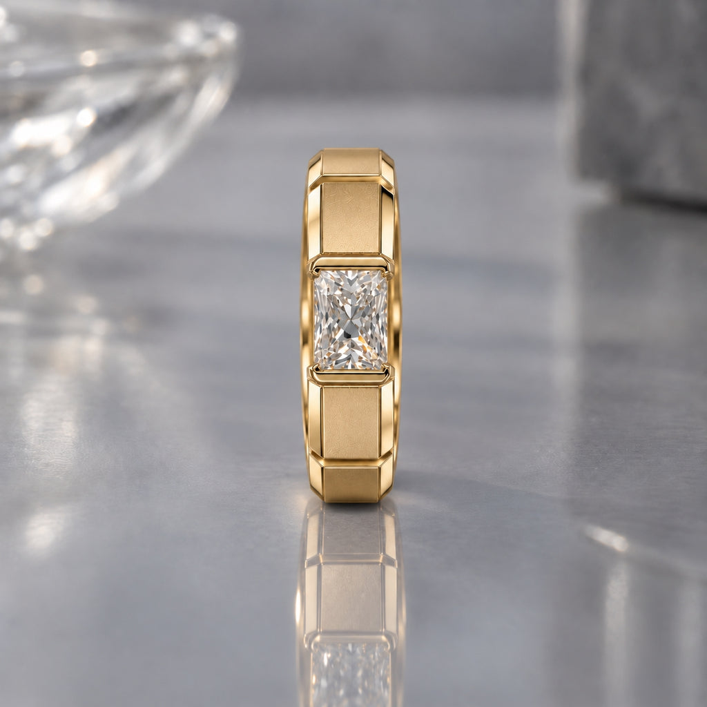 1.5 ct Radiant Inset Solitaire Men's Ring, IGI Certified Lab Grown Diamond, Matte Finish 1.5ct Yellow Gold