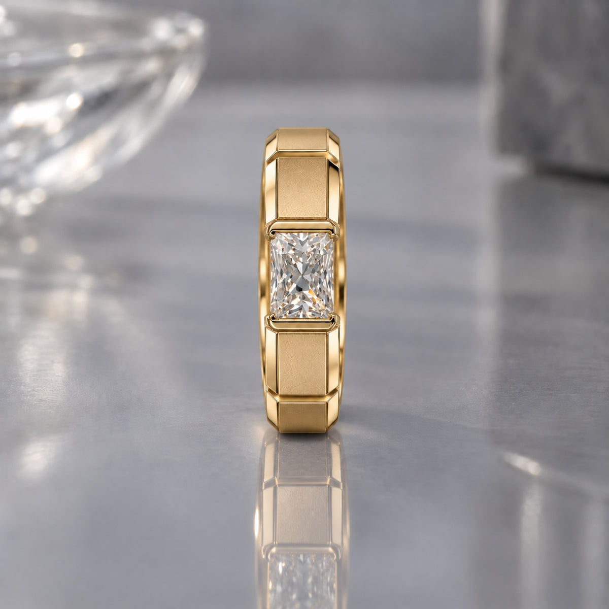 1.5 ct Radiant Inset Solitaire Men's Ring, IGI Certified Lab Grown Diamond, Matte Finish 1.5ct Yellow Gold