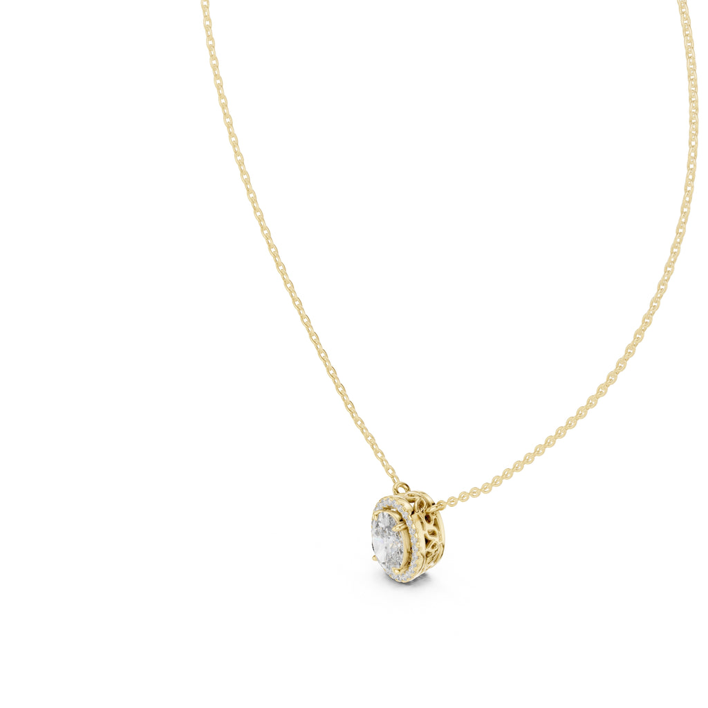 1.00ct Oval Cut Diamond Halo Pendant Necklace 1.25ct Yellow Gold