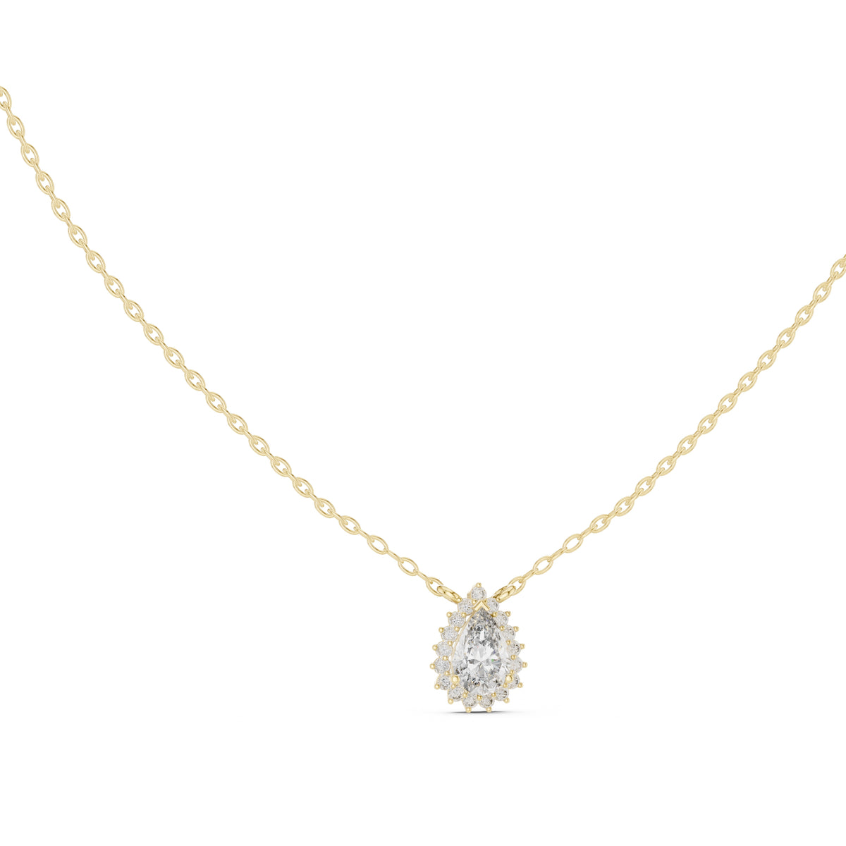 0.75ct Pear Cut Diamond Halo Pendant Necklace 0.75ct Yellow Gold