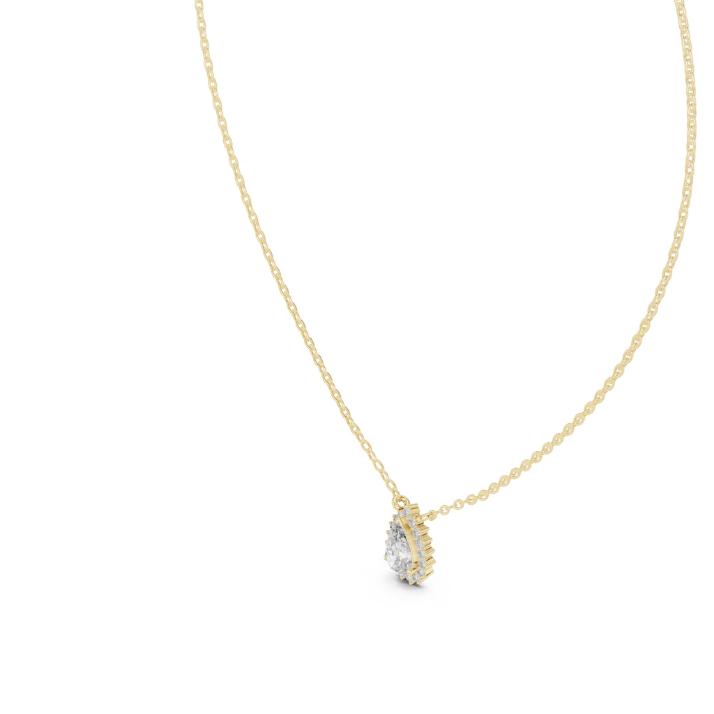 0.75ct Pear Cut Diamond Halo Pendant Necklace 0.75ct Yellow Gold