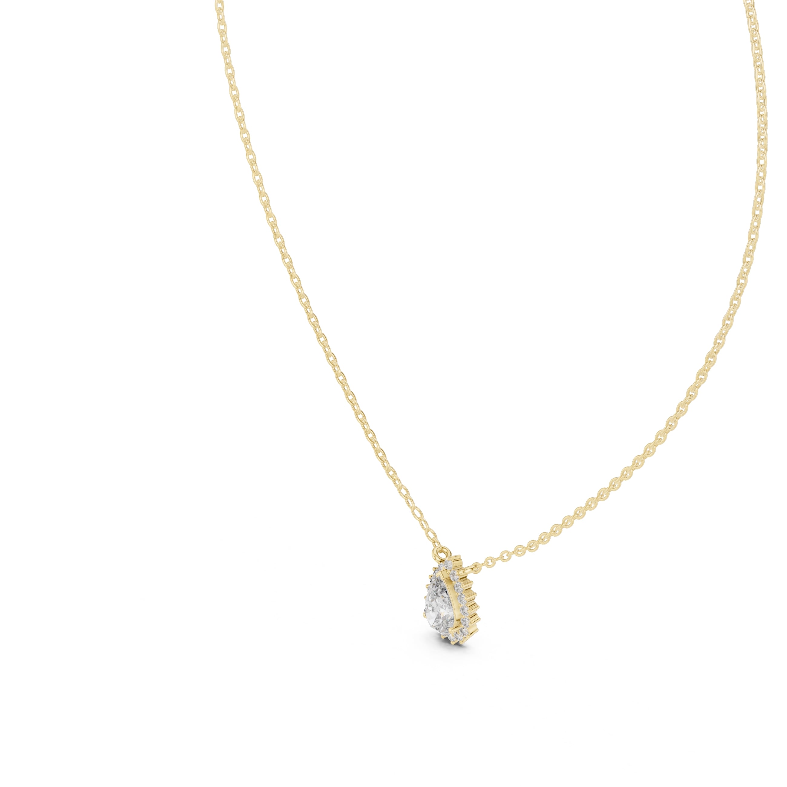 0.75ct Pear Cut Diamond Halo Pendant Necklace 0.75ct Yellow Gold
