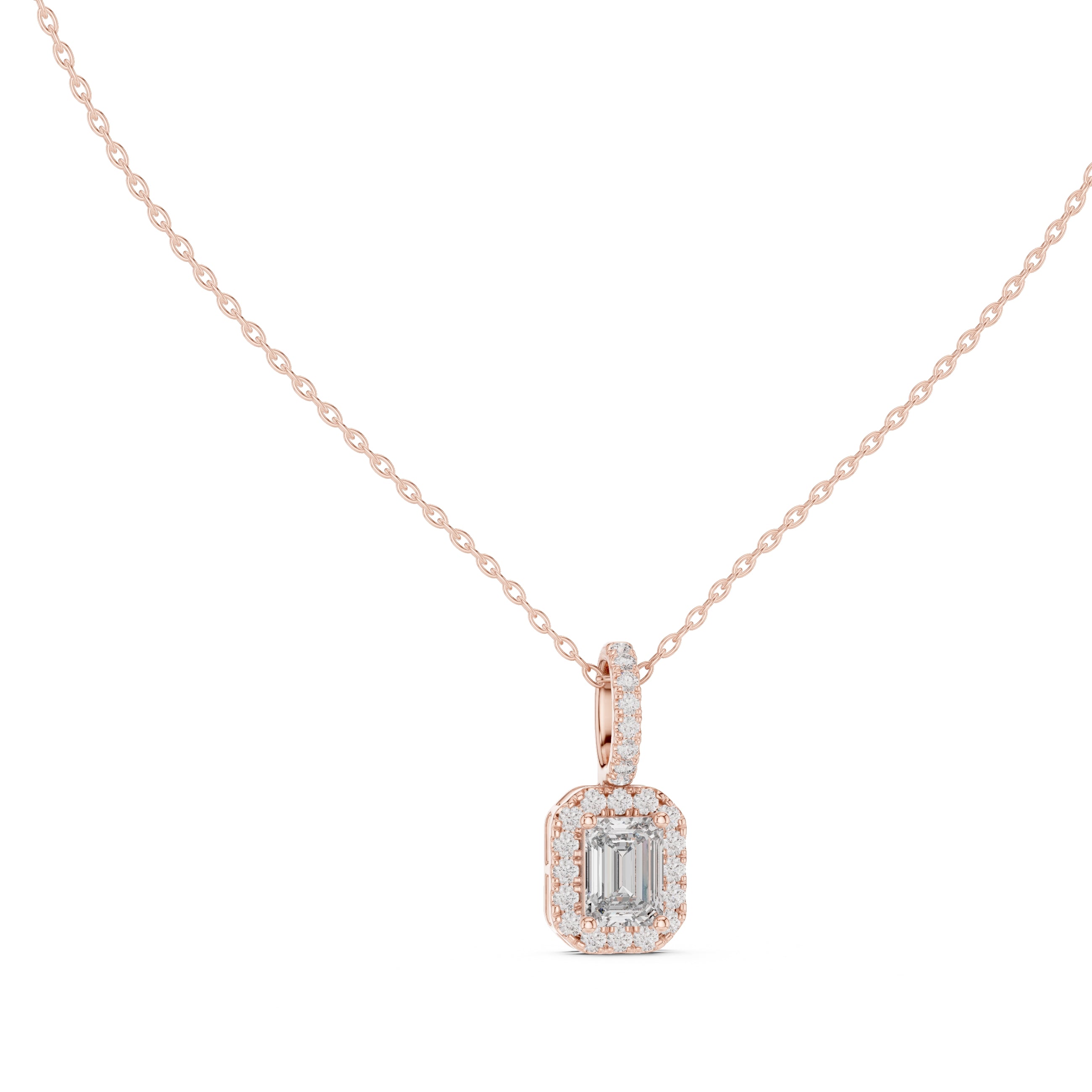 1.50ct Emerald Cut Labgrown Diamond Halo Pendant Necklace 1ct Rose Gold