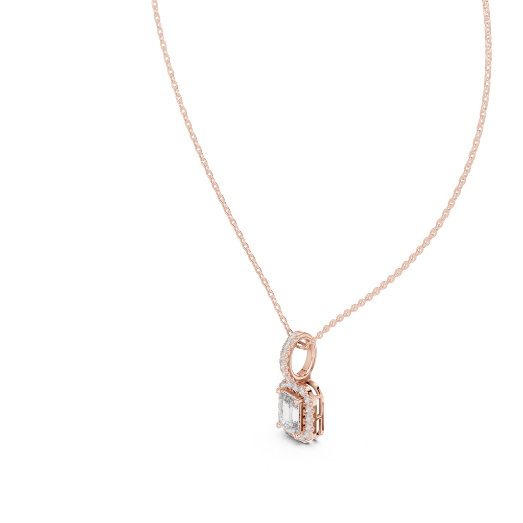 1.50ct Emerald Cut Labgrown Diamond Halo Pendant Necklace 1ct Rose Gold