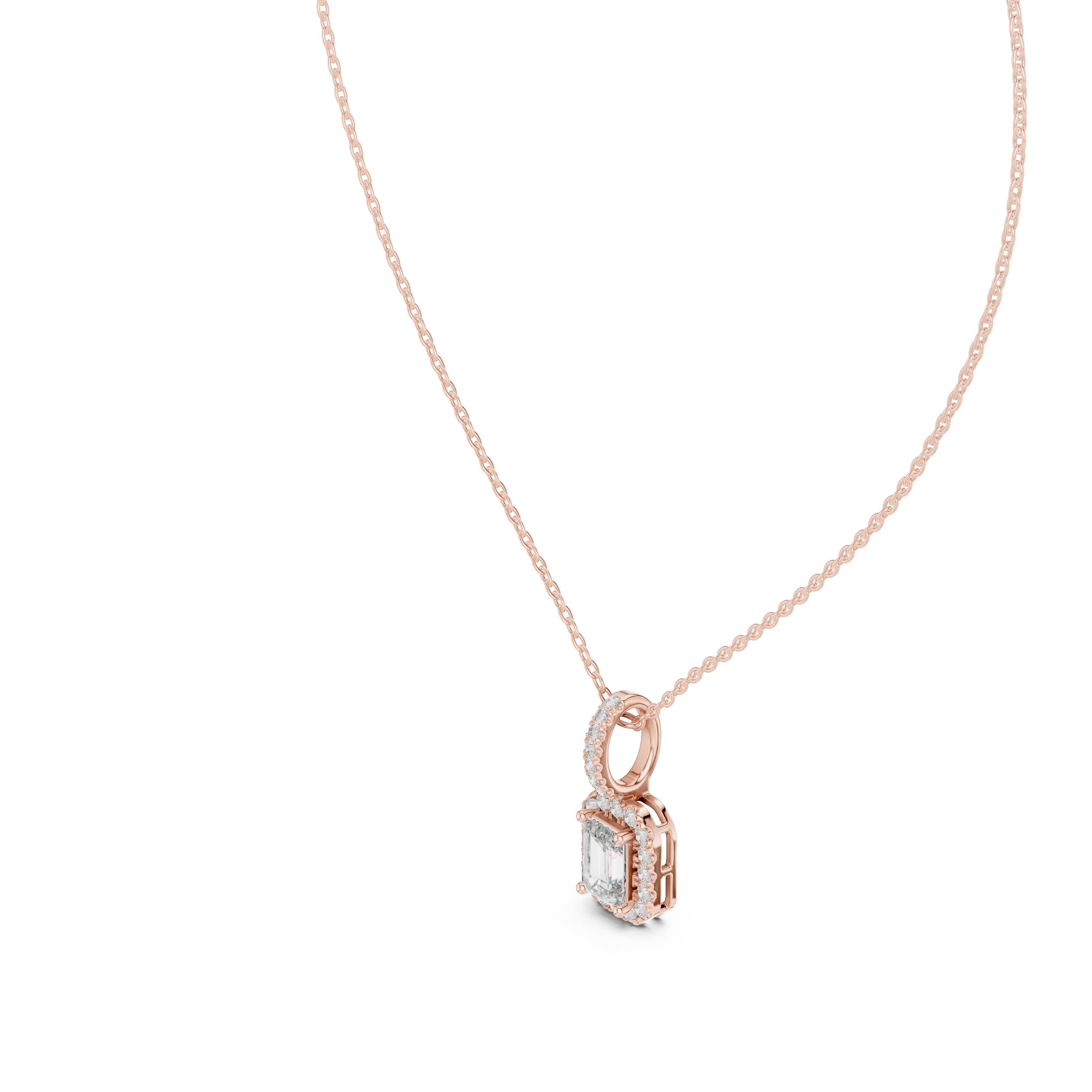 1.50ct Emerald Cut Labgrown Diamond Halo Pendant Necklace 1ct Rose Gold