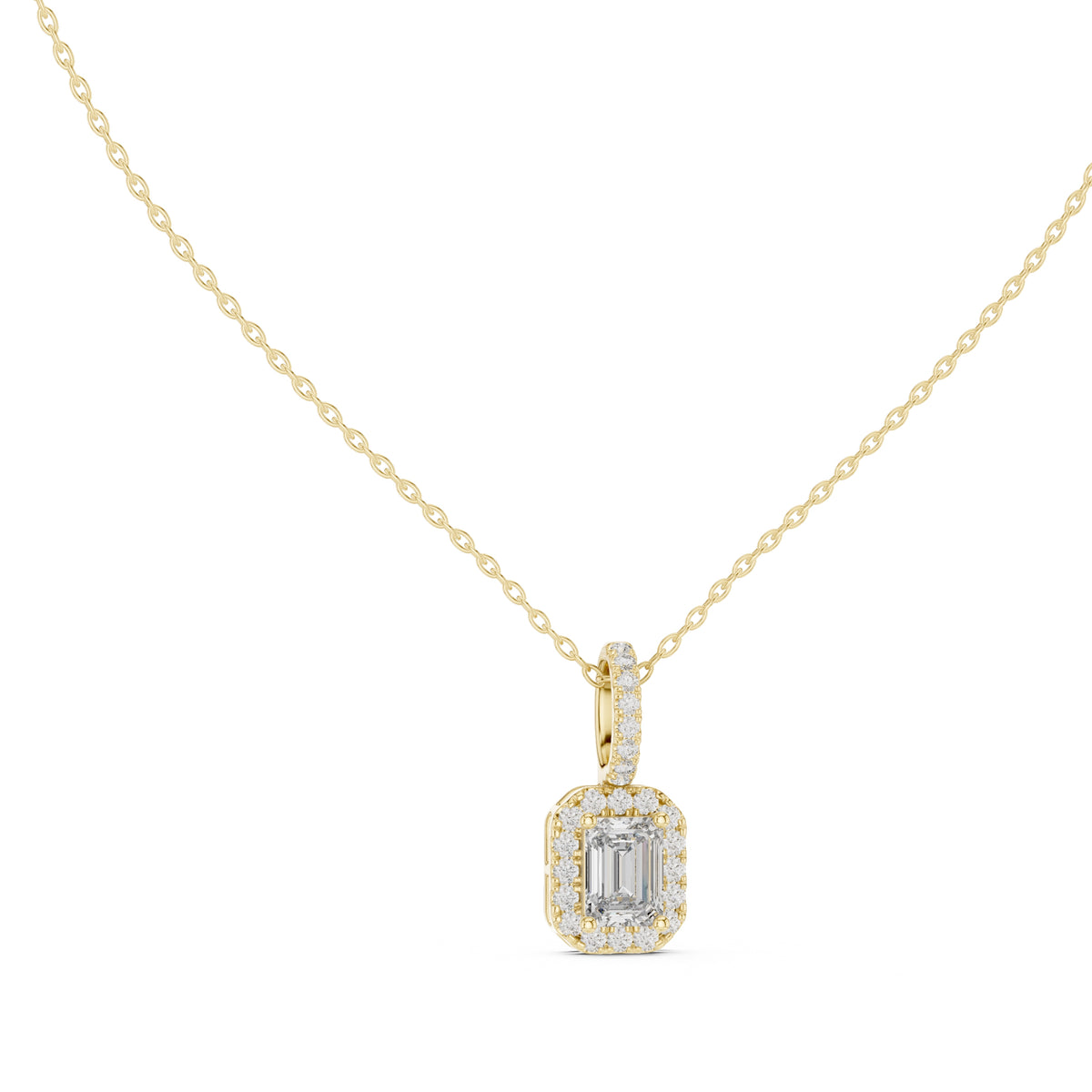 1.50ct Emerald Cut Labgrown Diamond Halo Pendant Necklace 1ct Yellow Gold