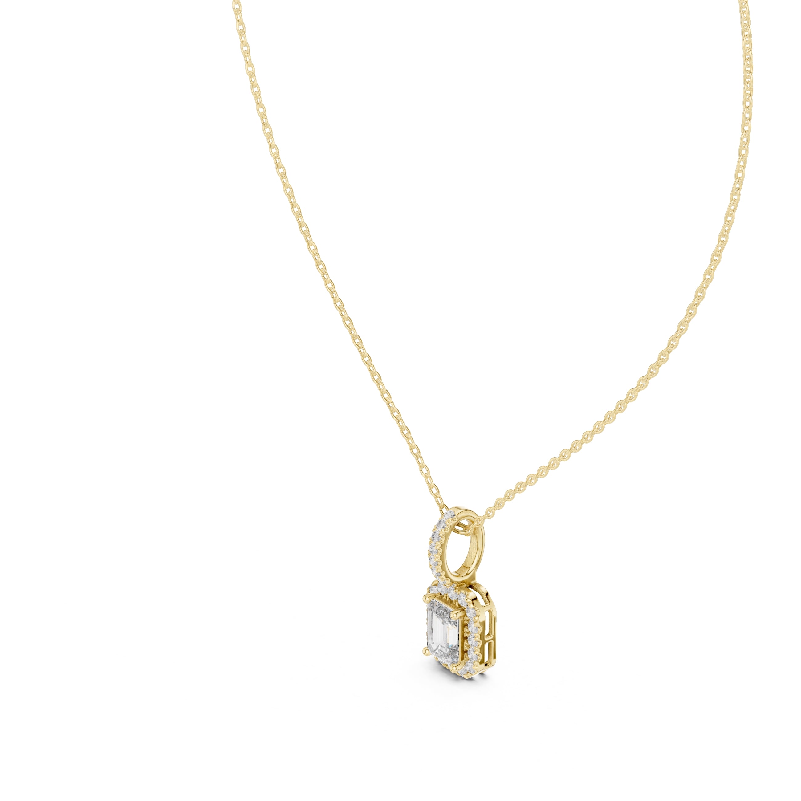 1.50ct Emerald Cut Labgrown Diamond Halo Pendant Necklace 1ct Yellow Gold