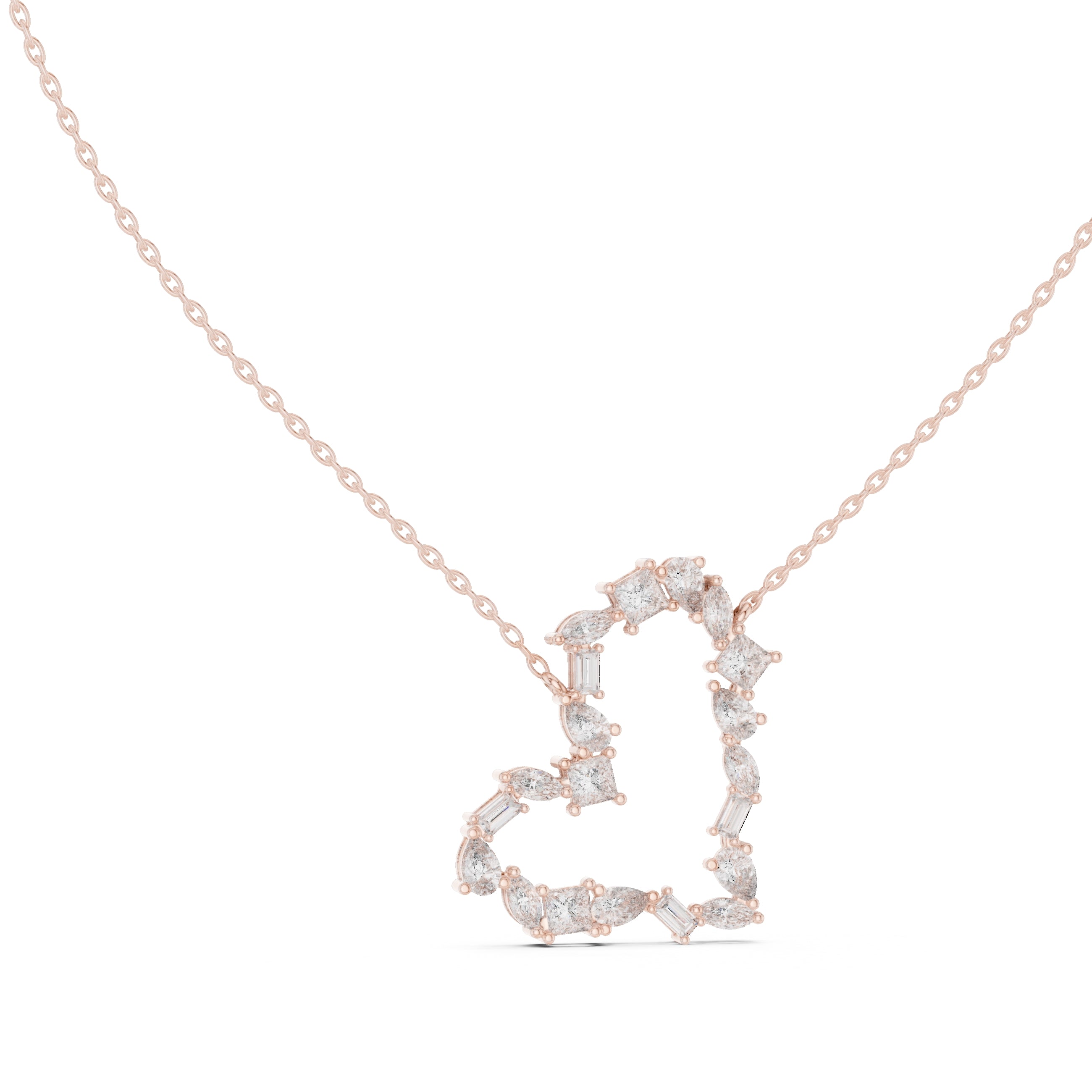 Mixed Cut Labgrown Diamond Open Heart Pendant Necklace Rose Gold