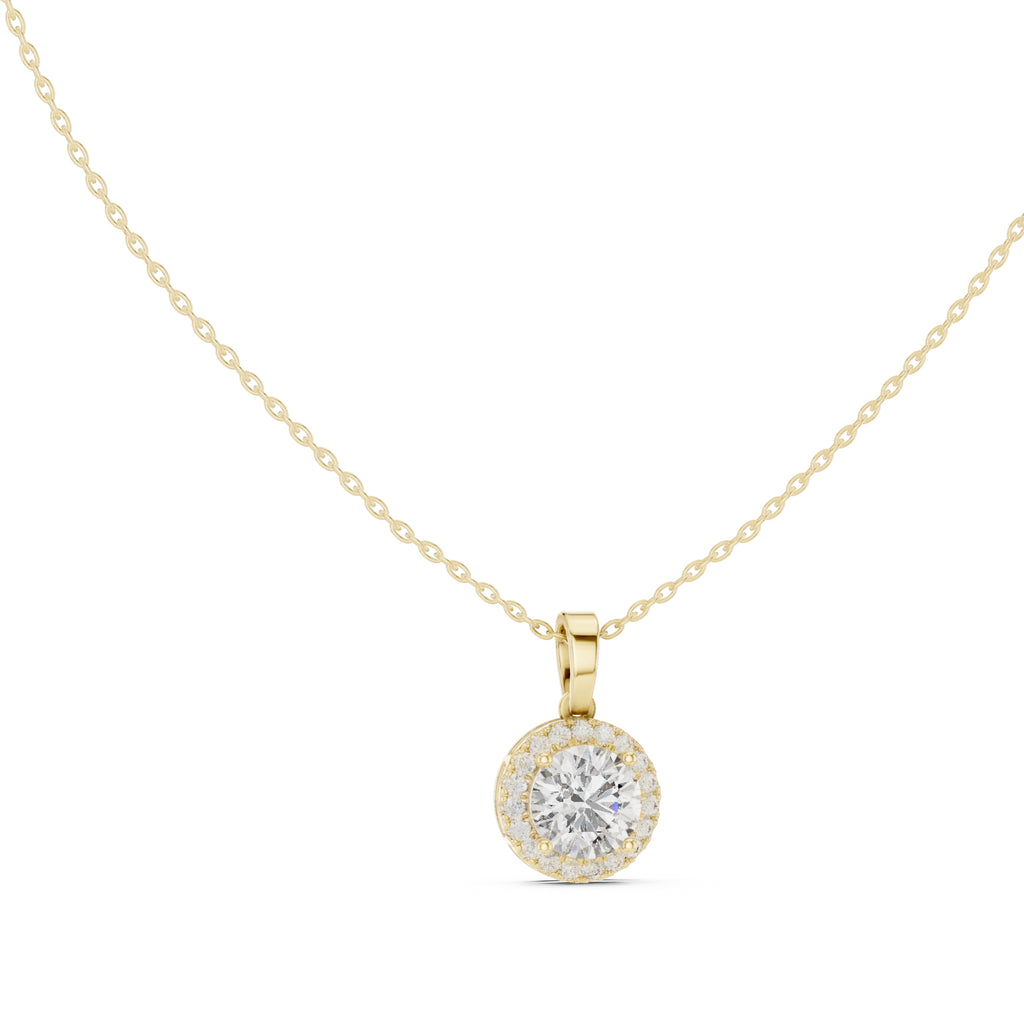 2.00ct Brilliant Cut Labgrown Diamond Halo Necklace 2.01ct Yellow Gold