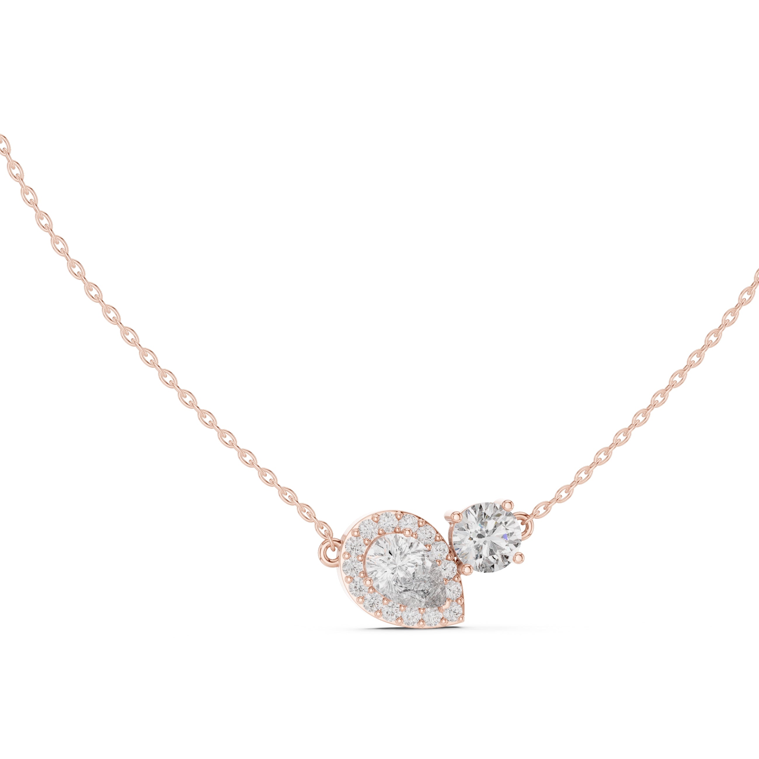 Dual-Stone Pear and Round Labgrown Diamond Cluster Necklace 1ct Rose Gold