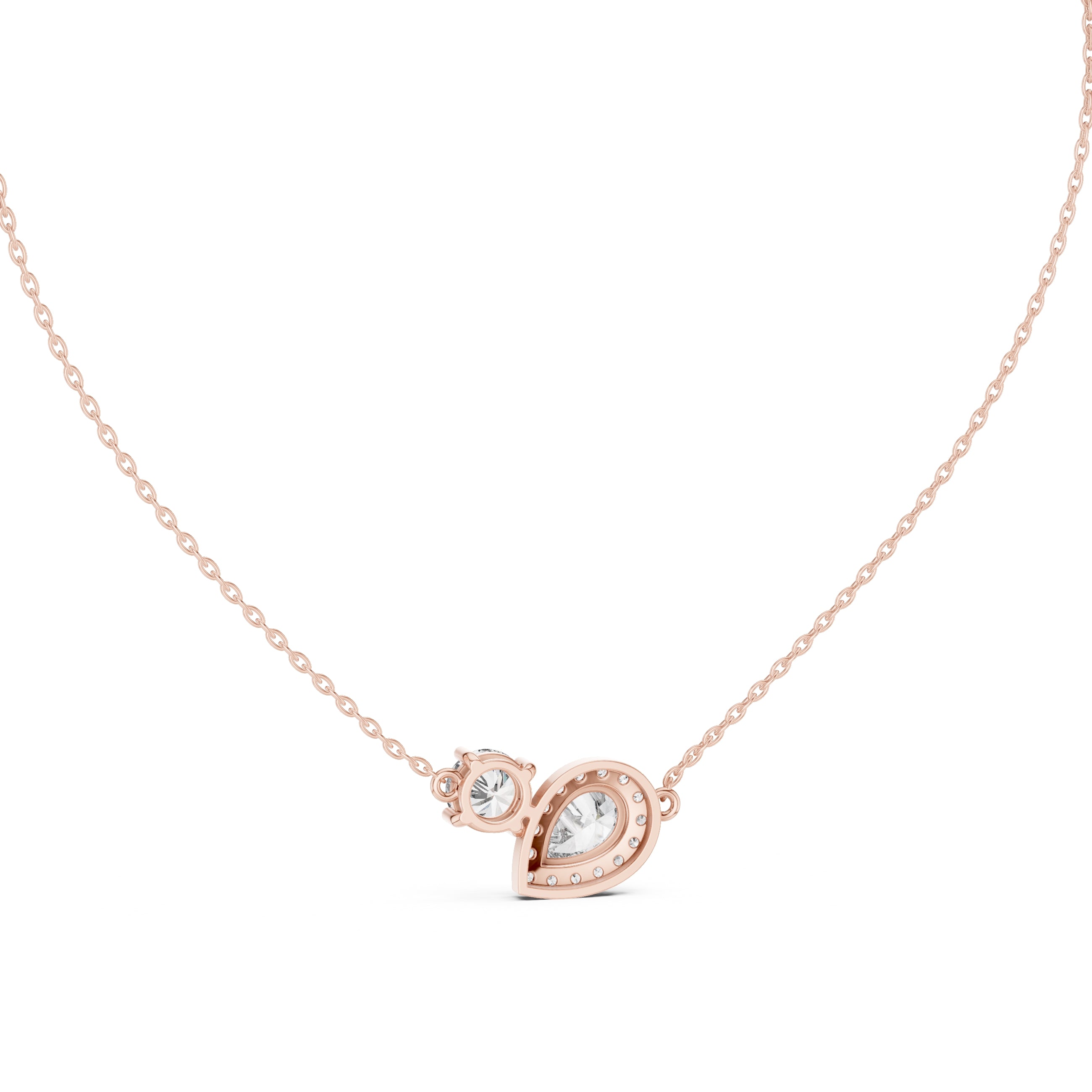 Dual-Stone Pear and Round Labgrown Diamond Cluster Necklace 1ct Rose Gold