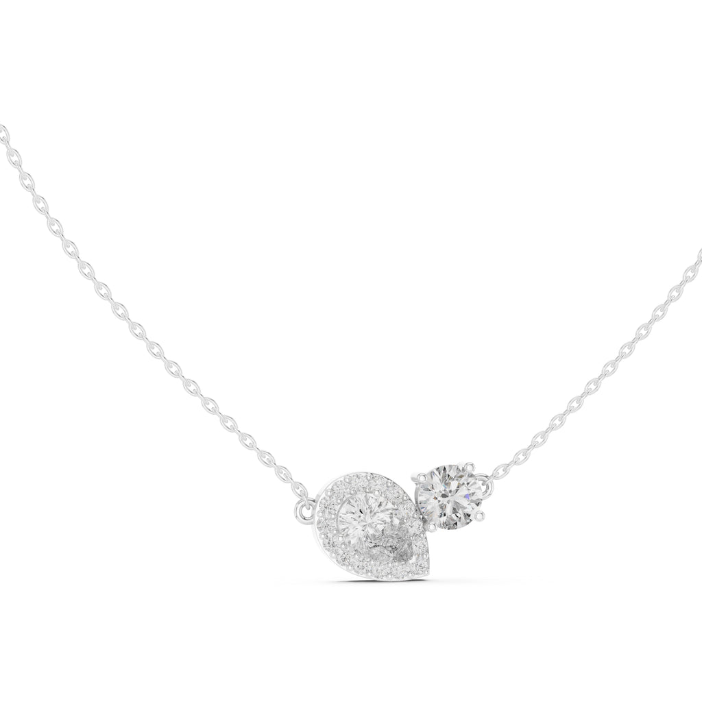 Dual-Stone Pear and Round Labgrown Diamond Cluster Necklace 1ct White Gold