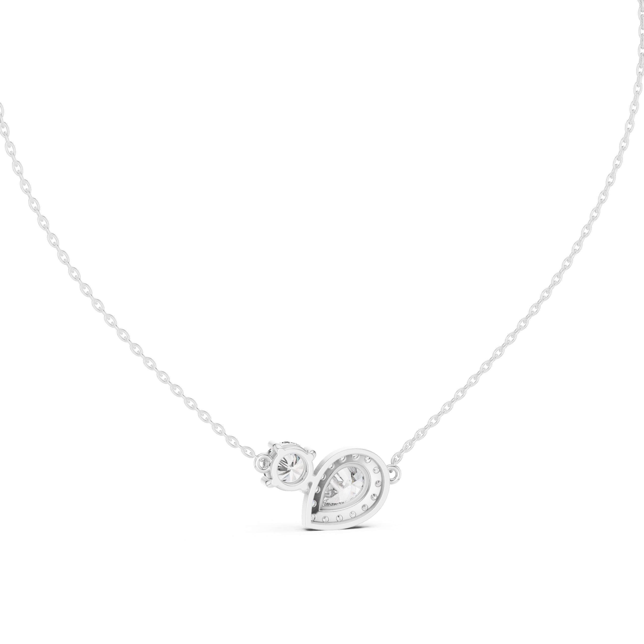 Dual-Stone Pear and Round Labgrown Diamond Cluster Necklace 1ct White Gold